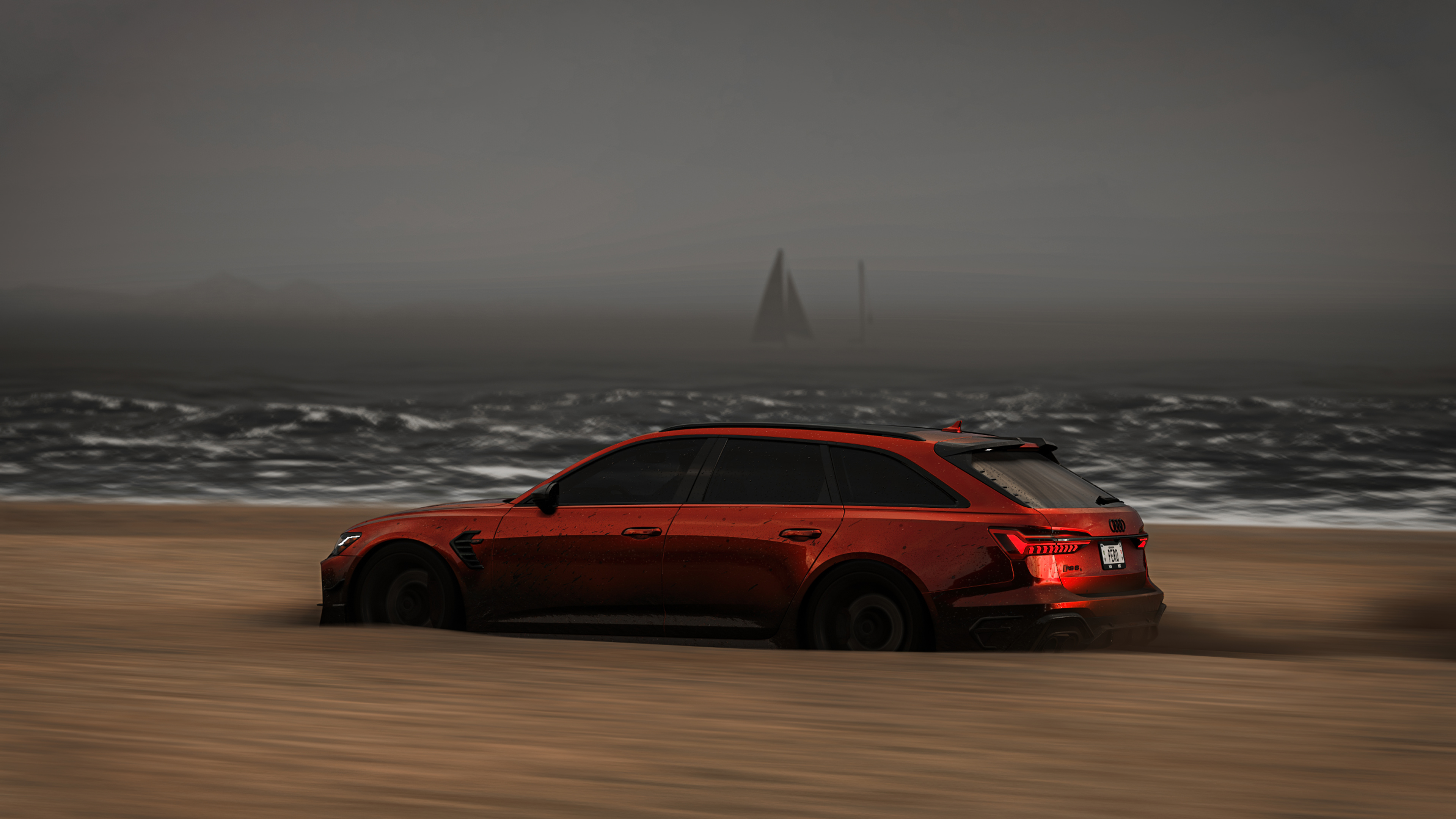 General 3839x2160 Audi audi rs Audi RS6 Avant video games vehicle car Forza Forza Horizon Forza Horizon 5 PlaygroundGames Turn 10 Studios Xbox side view taillights CGI licence plates sand water waves video game art