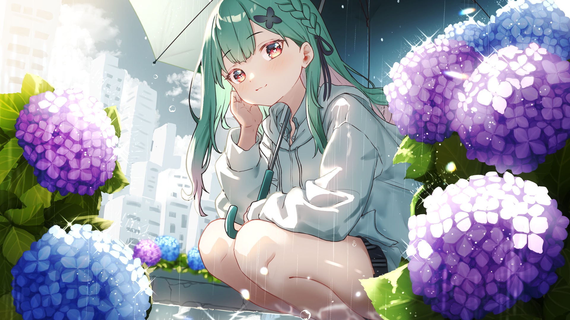 Anime 1920x1080 anime anime girls rain squatting braids smiling long hair flowers looking at viewer water stars building sky clouds umbrella leaves hydrangea
