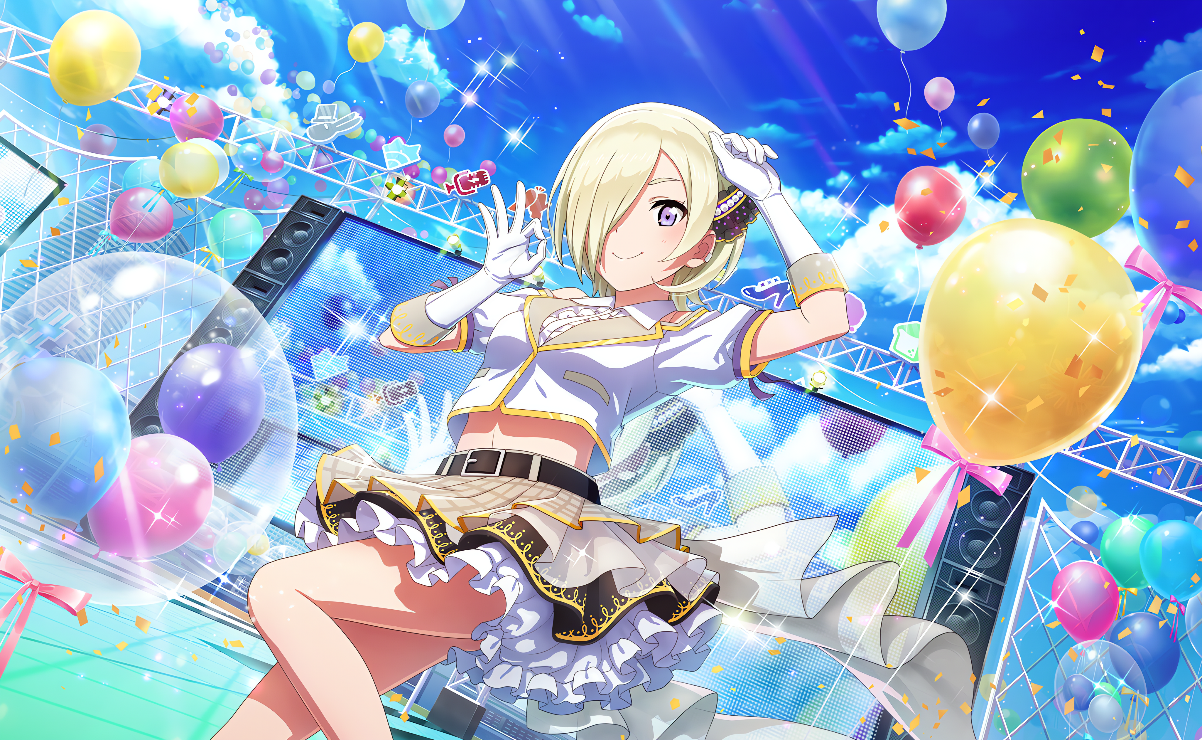 Anime 4096x2520 Mia Taylor Love Live! Love Live! Nijigasaki High School Idol Club anime anime girls OK sign hair over one eye balloon sky clouds stars looking at viewer smiling uniform gloves stages sunlight short hair confetti bow tie