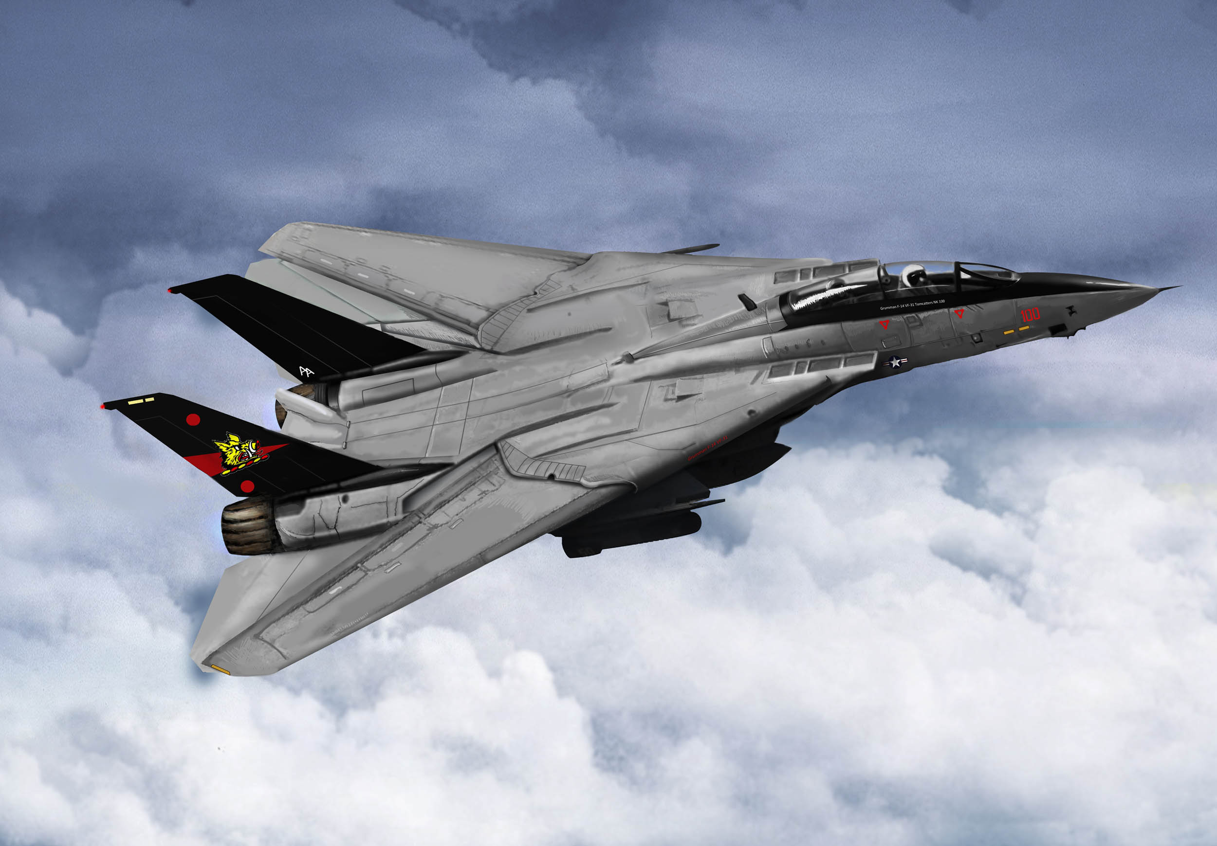 General 2500x1739 aircraft flying sky military F-14 Tomcat artwork military vehicle pilot United States Navy jet fighter Boxart American aircraft clouds