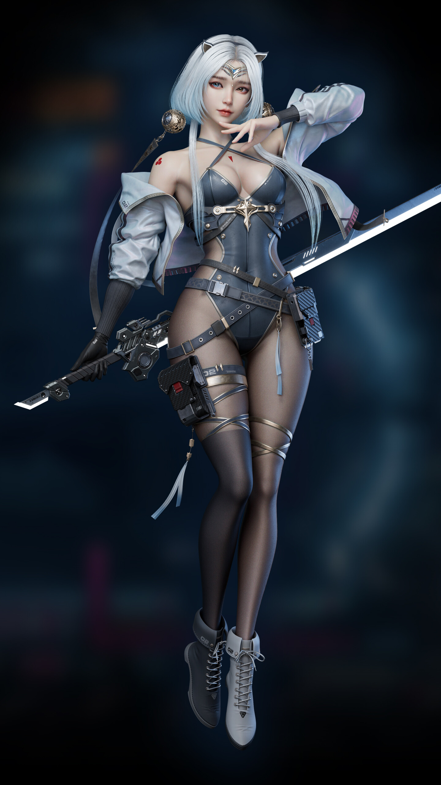General 1440x2560 Zihao Zhou CGI women hairband blue clothing fantasy art portrait display long hair looking at viewer cleavage big boobs weapon heterochromia simple background
