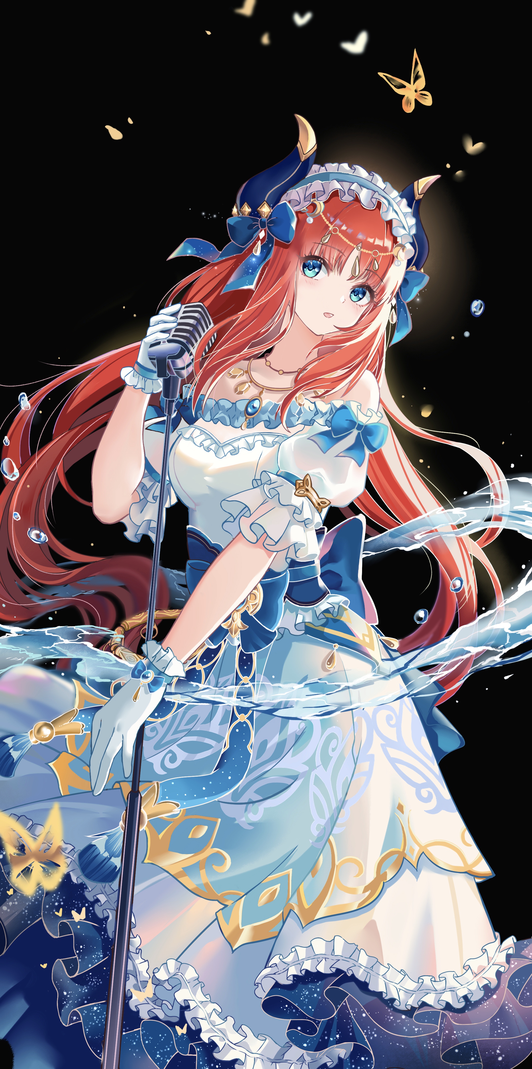 Anime 2088x4198 anime anime girls Genshin Impact Nilou (Genshin Impact) portrait display long hair redhead blue eyes dress microphone gloves butterfly insect looking at viewer standing water bow tie twintails