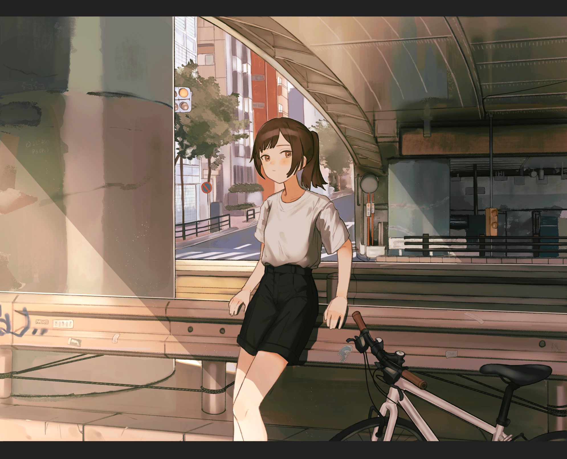 Anime 1990x1610 anime girls bridge bicycle ponytail sunlight road brunette brown eyes building