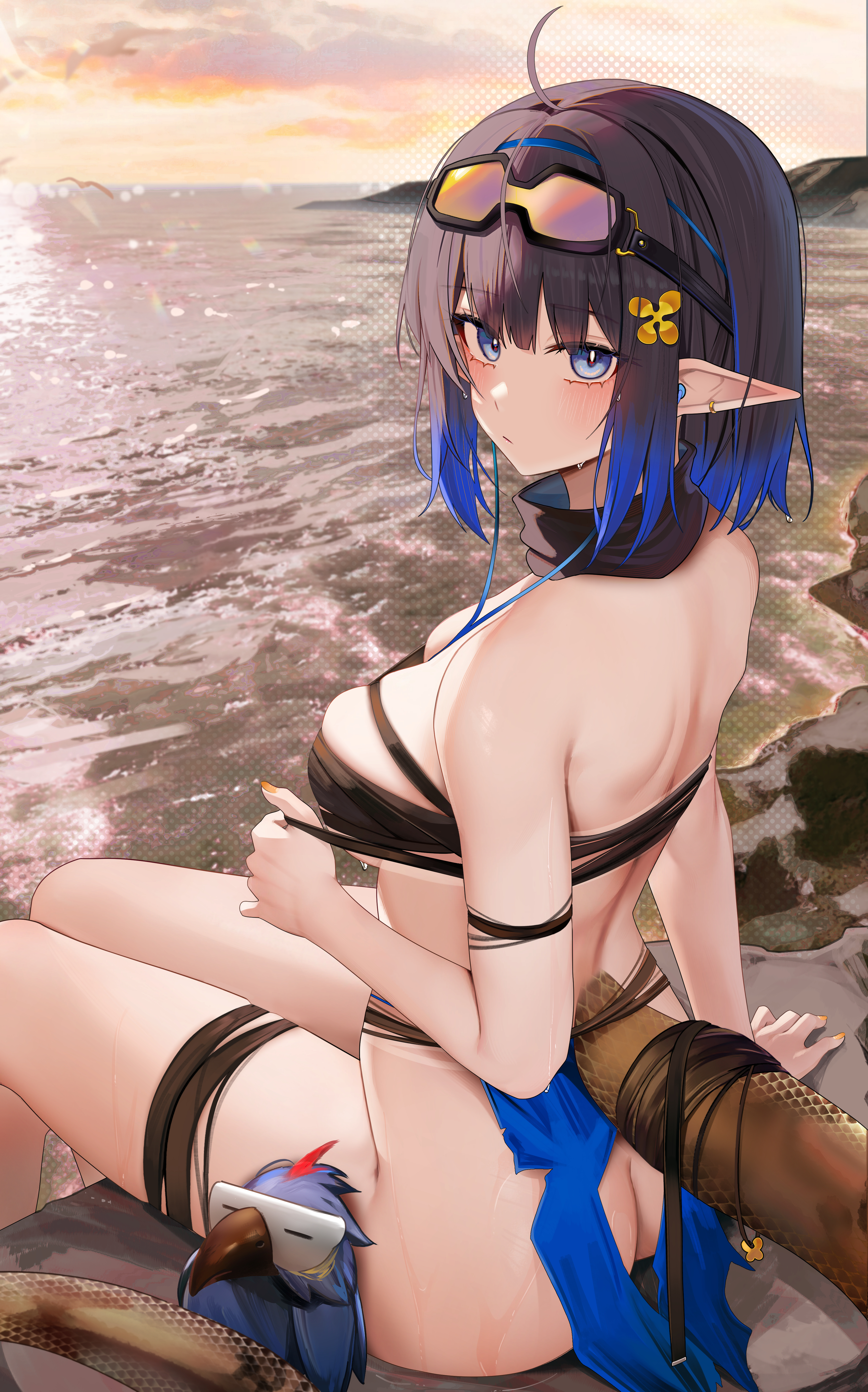 Anime 3399x5448 Arknights Ru Zhai Eunectes (Arknights) anime girls portrait display swimwear ass butt crack pointy ears looking at viewer short hair gradient hair two tone hair water sky clouds sunset glow sunset tail blushing multi-colored hair