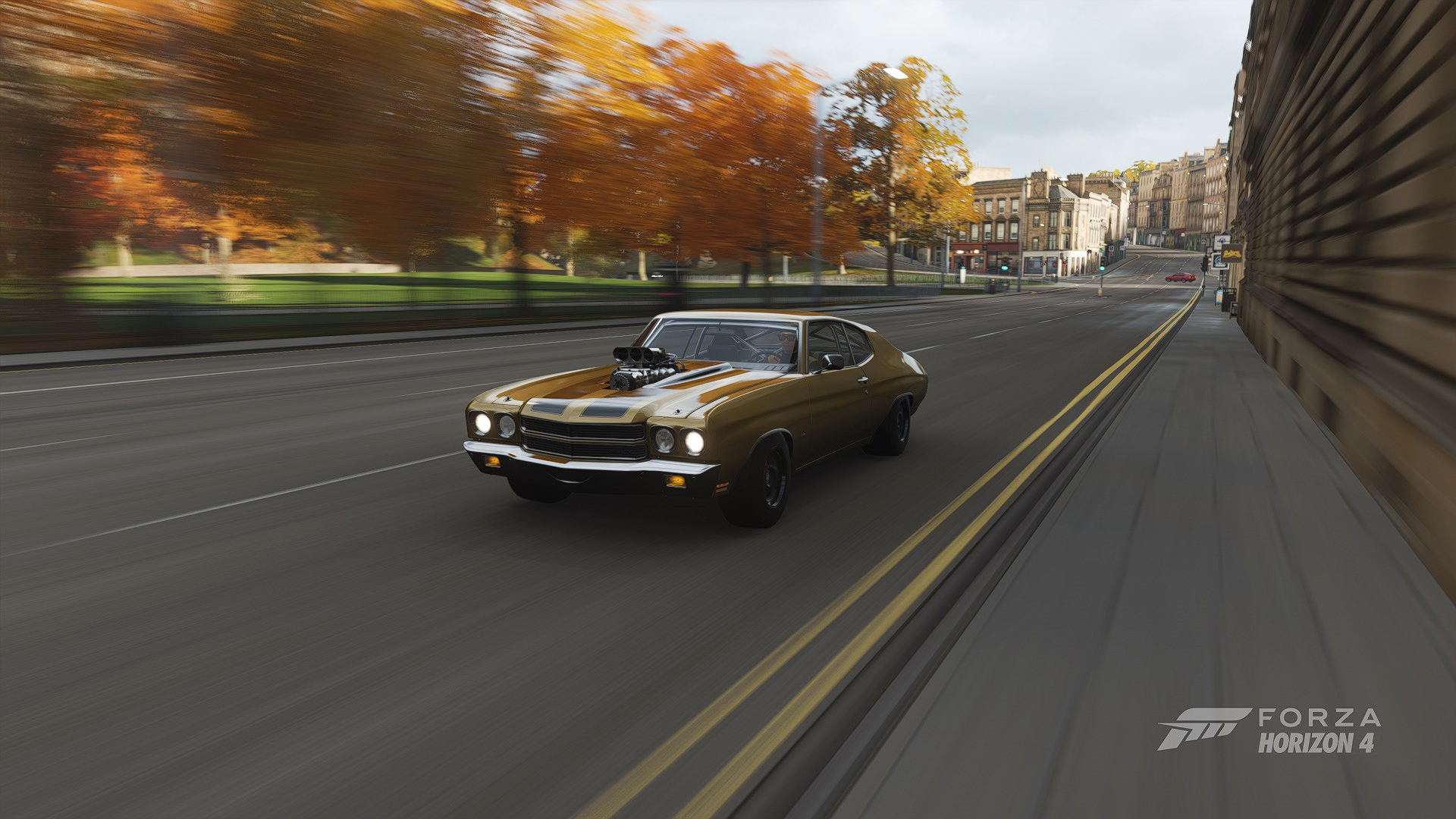 General 1920x1080 Forza Horizon 4 Forza Horizon Forza car CGI driving 1970 chevrolet chevelle super sport Chevelle SS road video games logo headlights trees frontal view blurred blurry background
