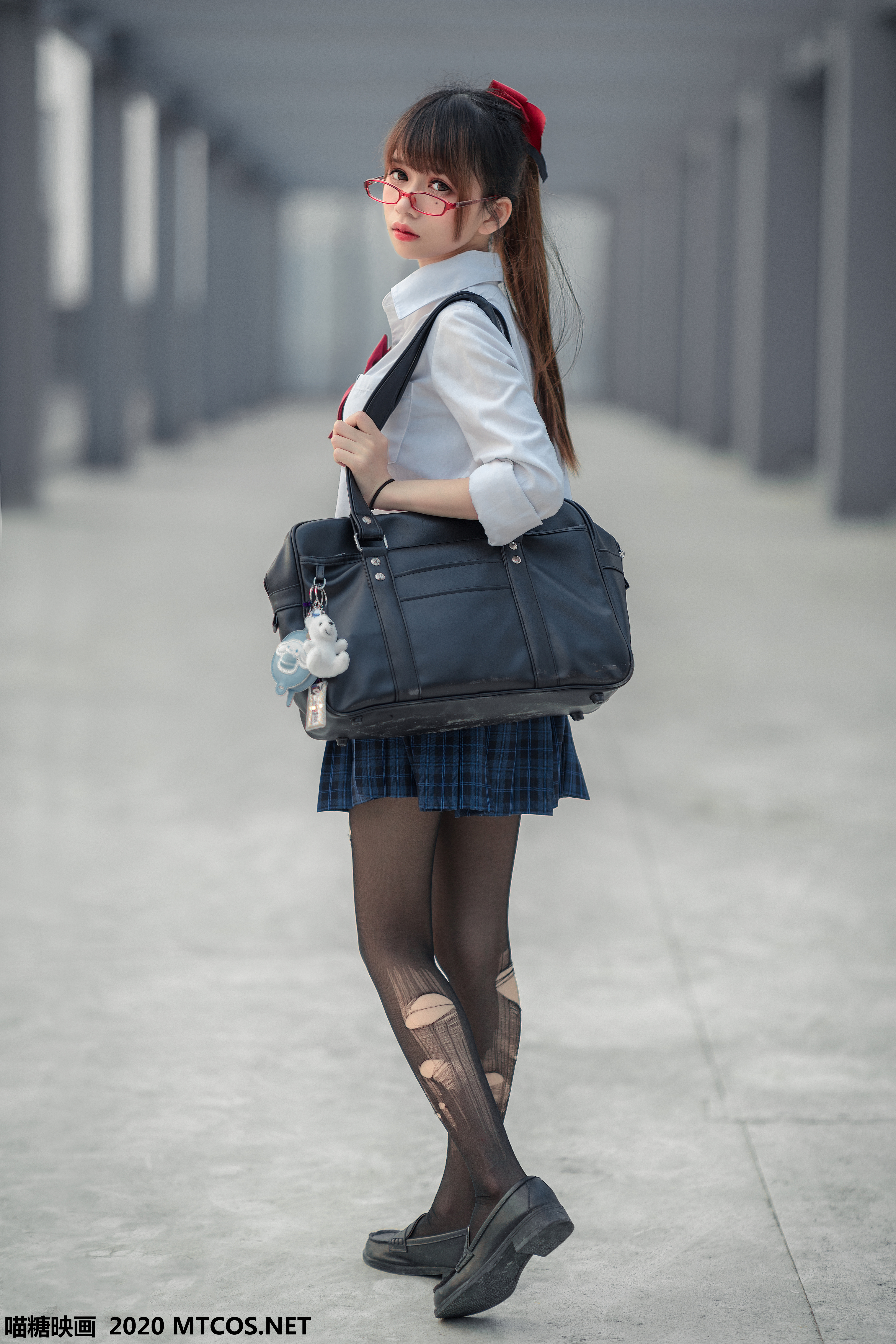 People 4133x6199 brunette Asian women uniform school uniform torn pantyhose pantyhose plaid skirt skirt bag depth of field ponytail MTCos watermarked