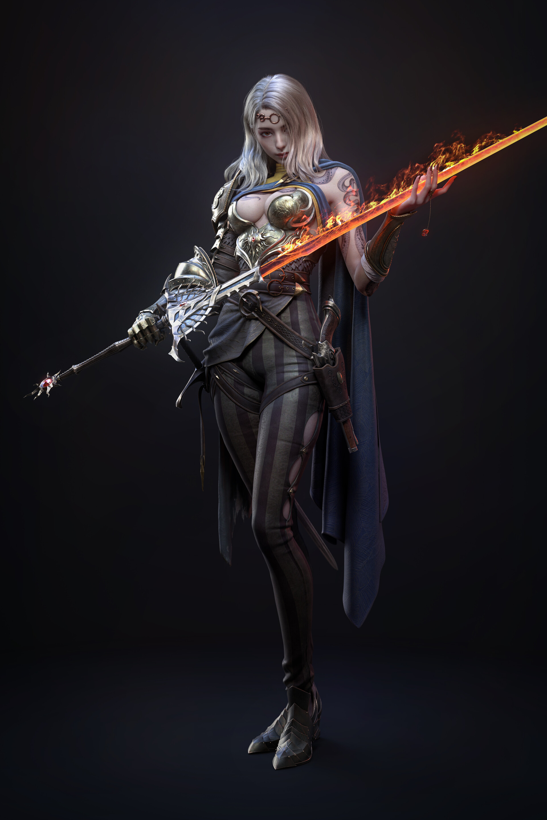 General 1920x2880 Michael Mao CGI women silver hair sword fantasy art portrait display standing weapon armor simple background minimalism long hair tattoo looking at viewer