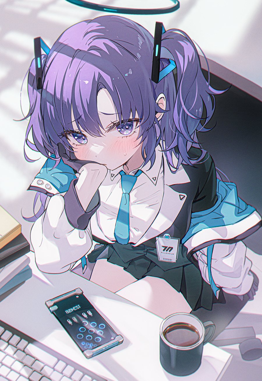 Anime 900x1306 anime girls Blue Archive Hayase Yuuka twintails short hair looking at viewer portrait display sitting blushing hand on face gloves cup drink sweatdrop schoolgirl school uniform