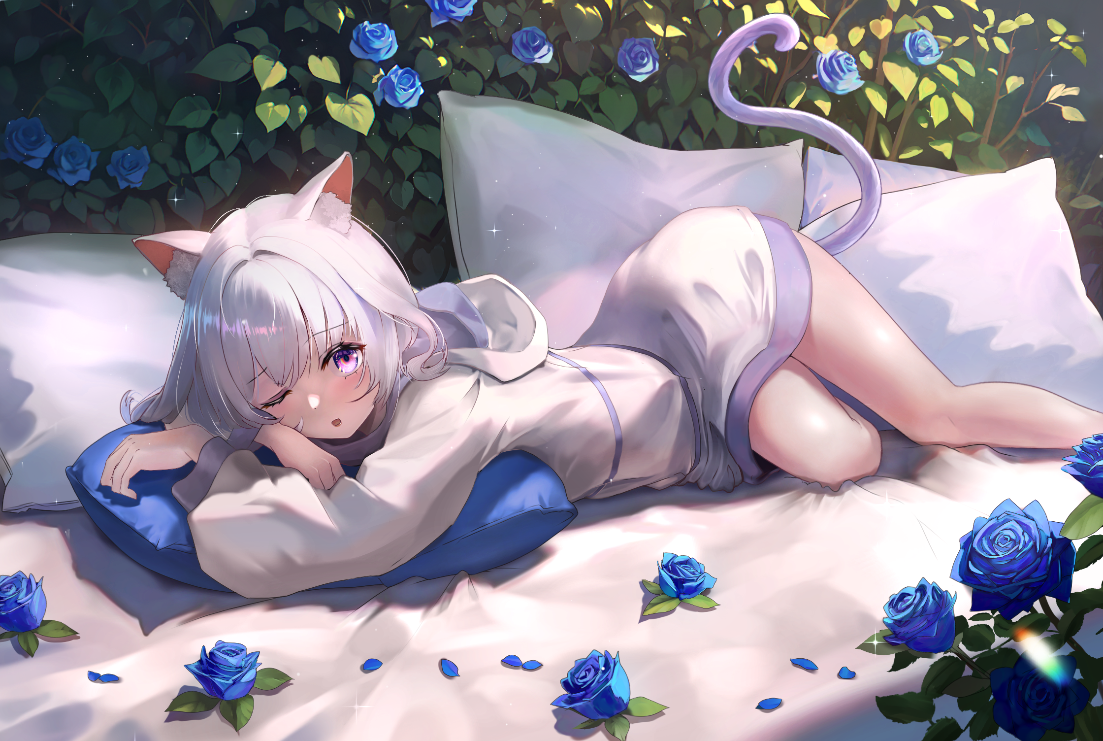 Anime 2240x1504 anime anime girls pillow cat girl cat ears cat tail blue rose petals lying down lying on front one eye closed blushing looking at viewer purple eyes leaves