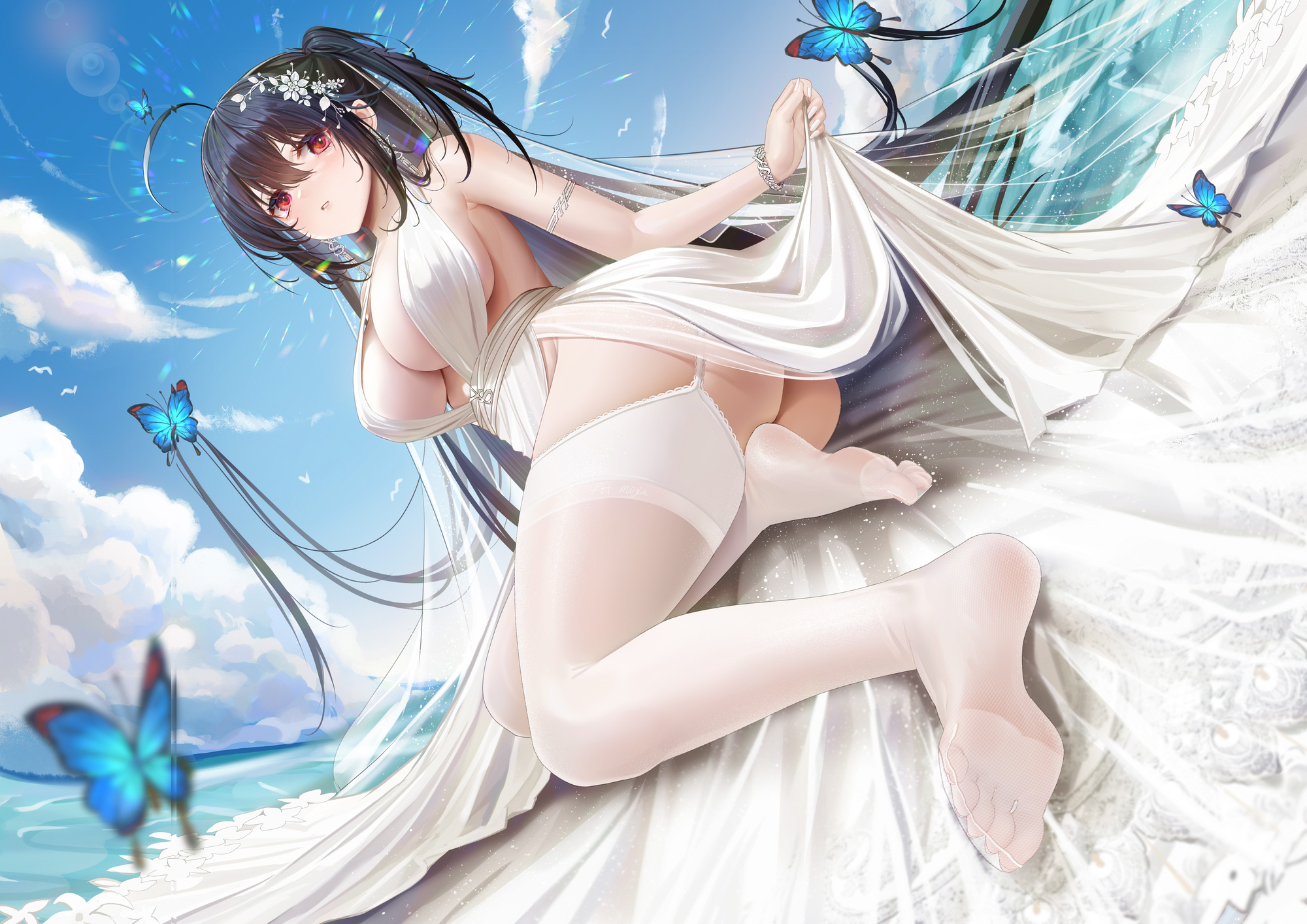Anime 2000x1414 Azur Lane wedding dress anime girls white dress Taihou (Azur Lane) sky Blue Butterflies butterfly looking at viewer ass big boobs stockings white stockings clouds black hair hair ornament cocktail dress cleavage red eyes thigh-highs garter straps lifting clothes water women outdoors long hair outdoors Fh Moya beach women on beach dress satin dress sleeveless see-through clothing thighs armlet sitting lying on beach