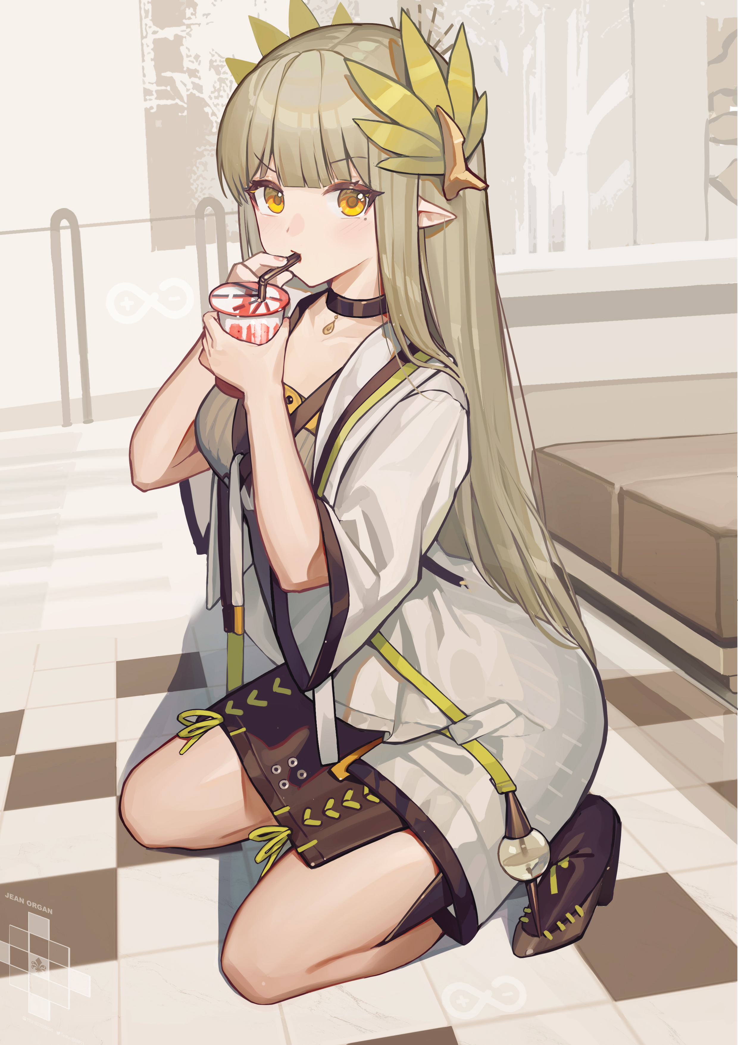Anime 2480x3508 Arknights anime portrait display checkered pointy ears long hair choker drink green hair yellow eyes looking at viewer drinking anime girls