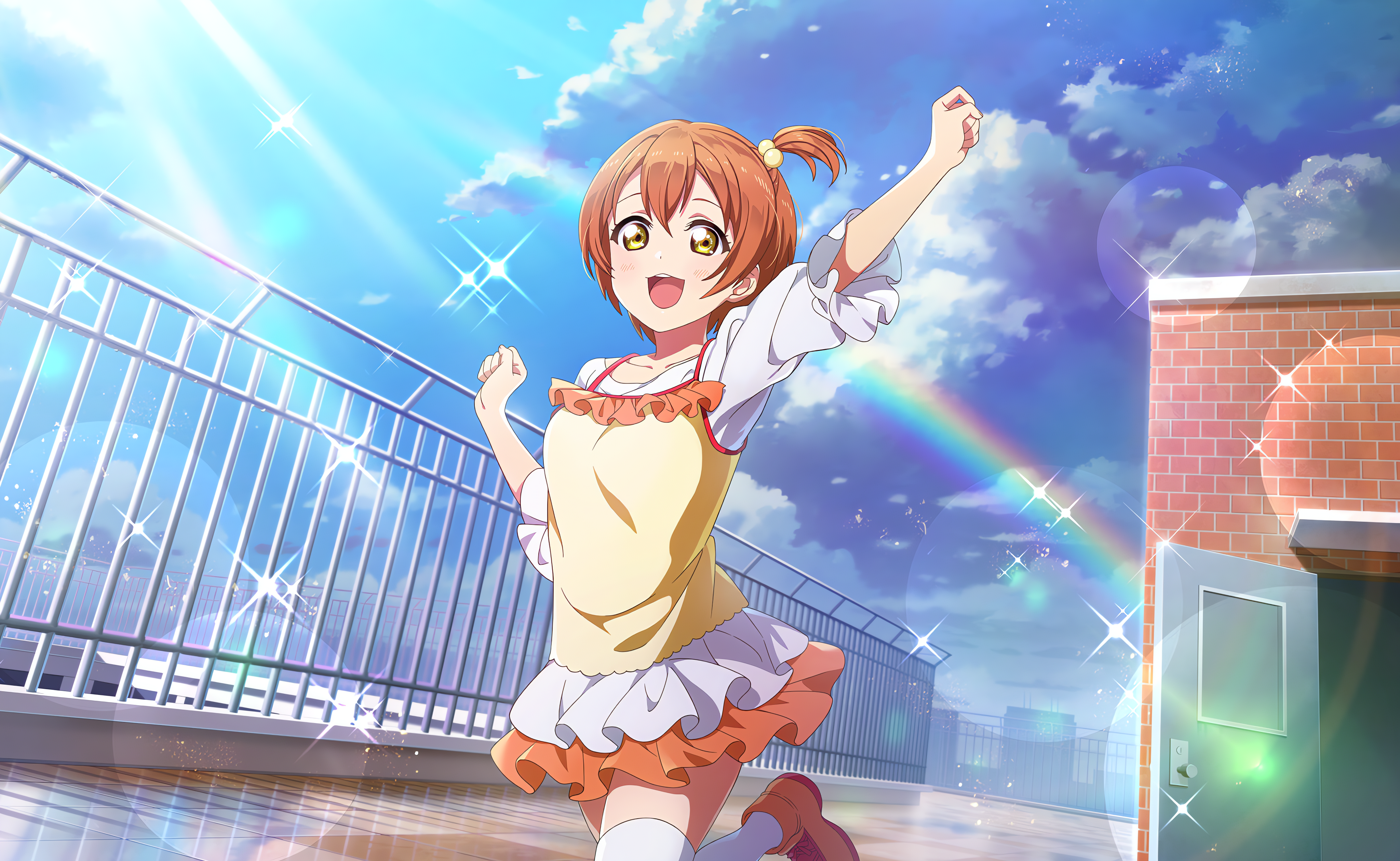 Anime 4096x2520 Hoshizora Rin Love Live! anime anime girls sky clouds stars sunlight rainbows open mouth short hair jumping rooftops looking at viewer door fence reflection blushing