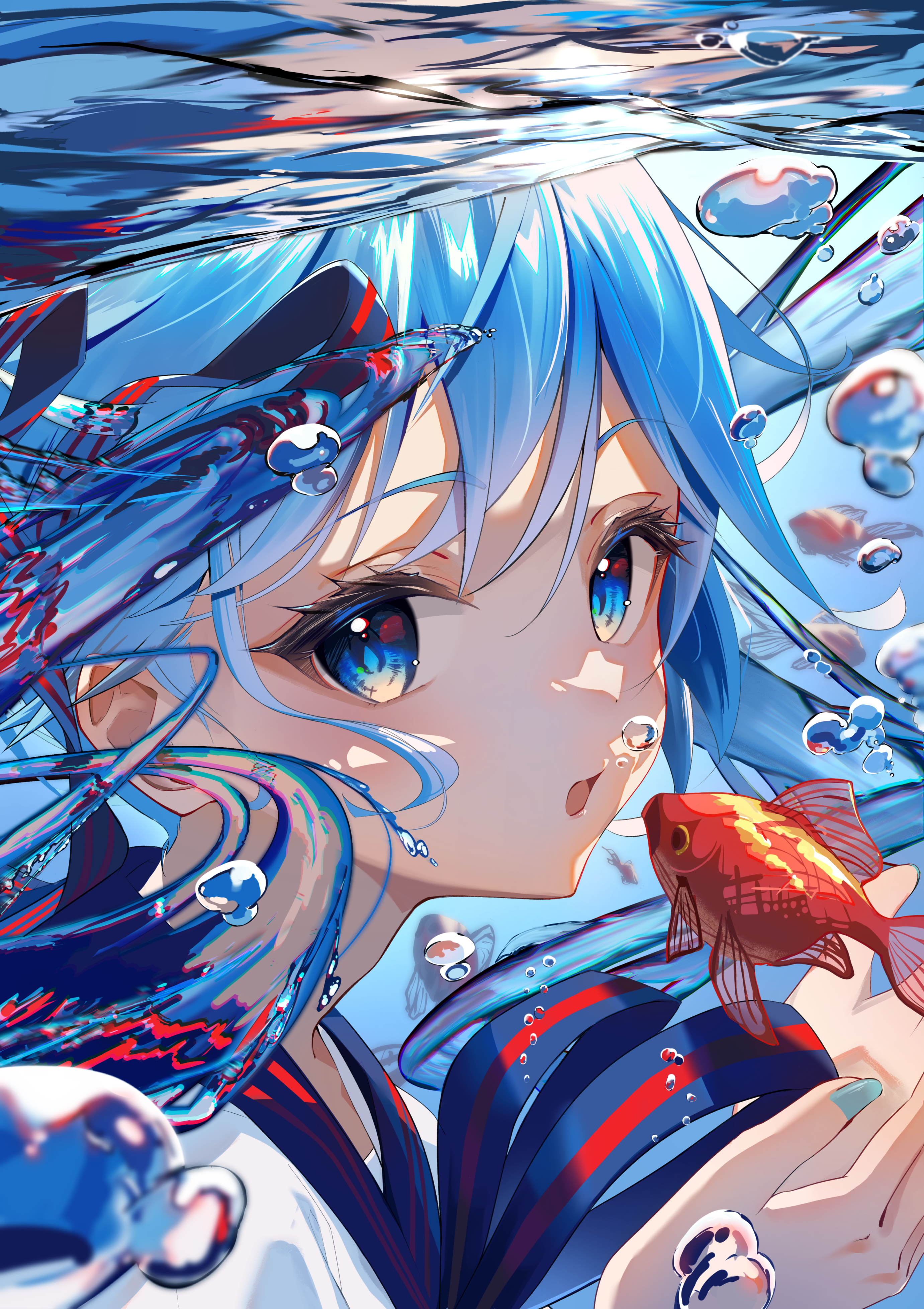 Anime 2762x3912 Vocaloid Hatsune Miku anime girls portrait display looking at viewer bubbles long hair light blue hair blue eyes underwater in water open mouth fish blue nails sailor uniform water Bottle Miku goldfish puripuri portrait