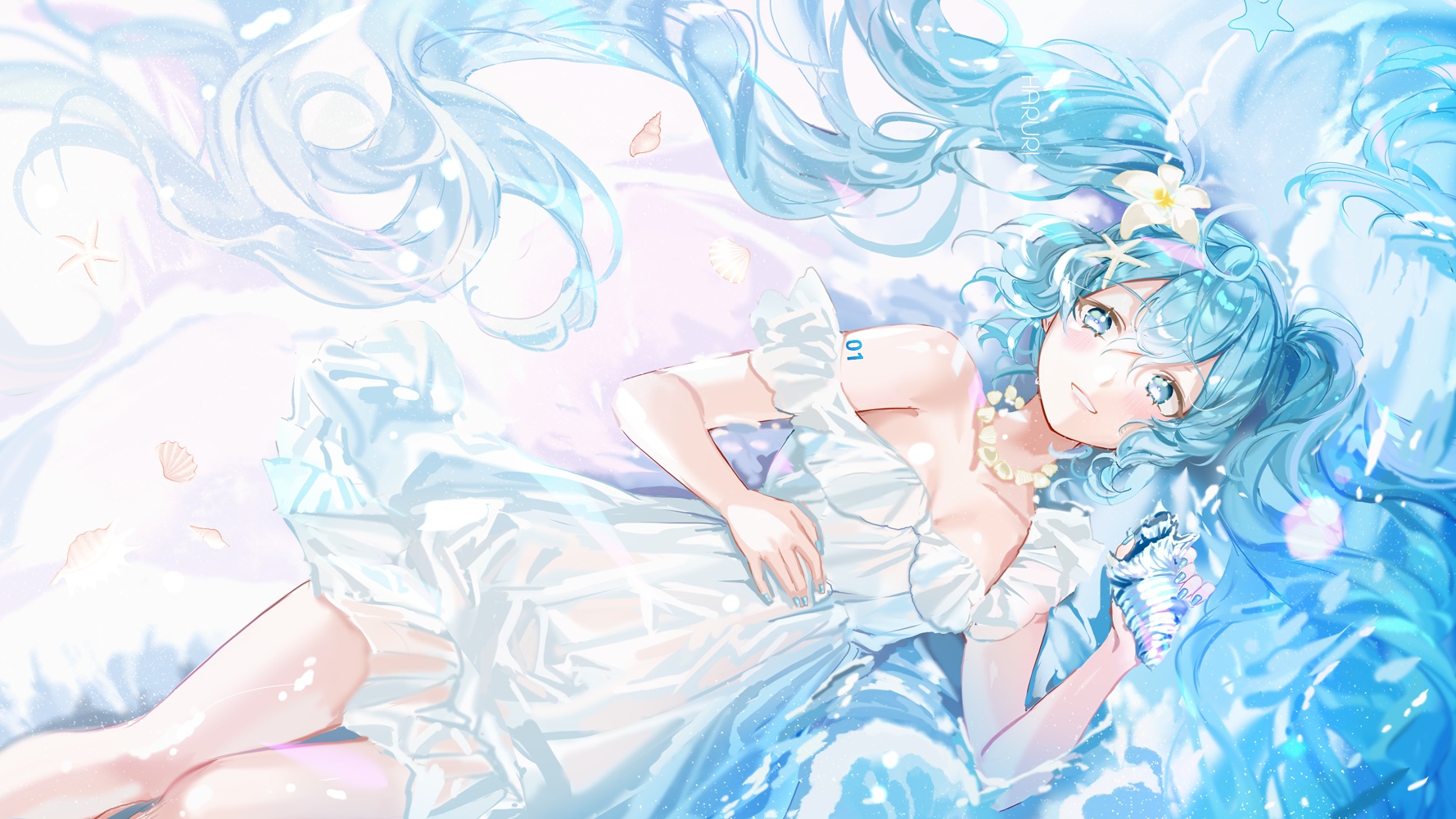 Anime 1778x1000 anime anime girls Hatsune Miku Vocaloid twintails long hair blue eyes blue hair lying down lying on back dress looking at viewer flower in hair seashells water