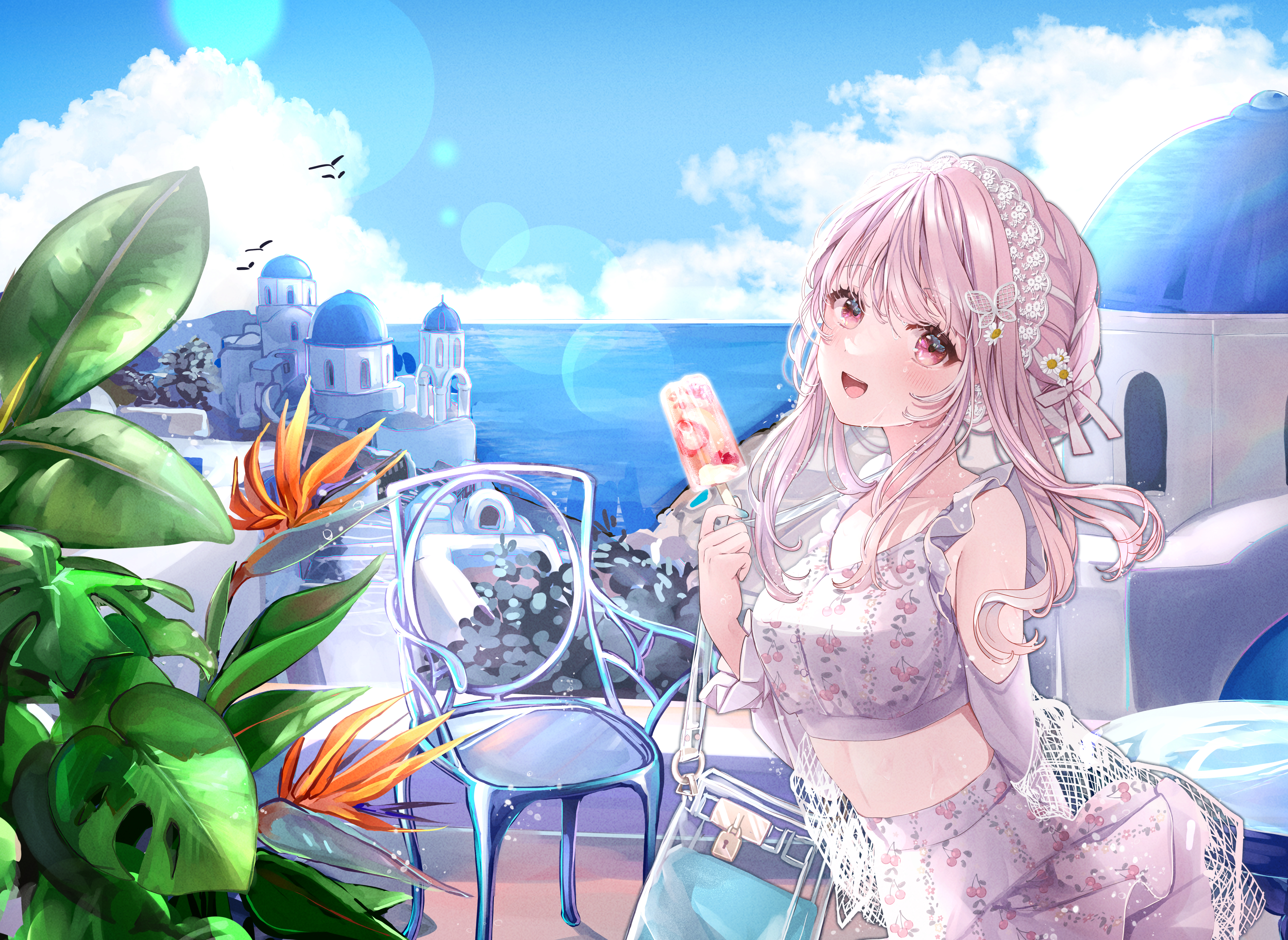 Anime 5303x3870 anime anime girls blushing popsicle sky water clouds building leaves standing looking at viewer purse long hair sunlight chair belly