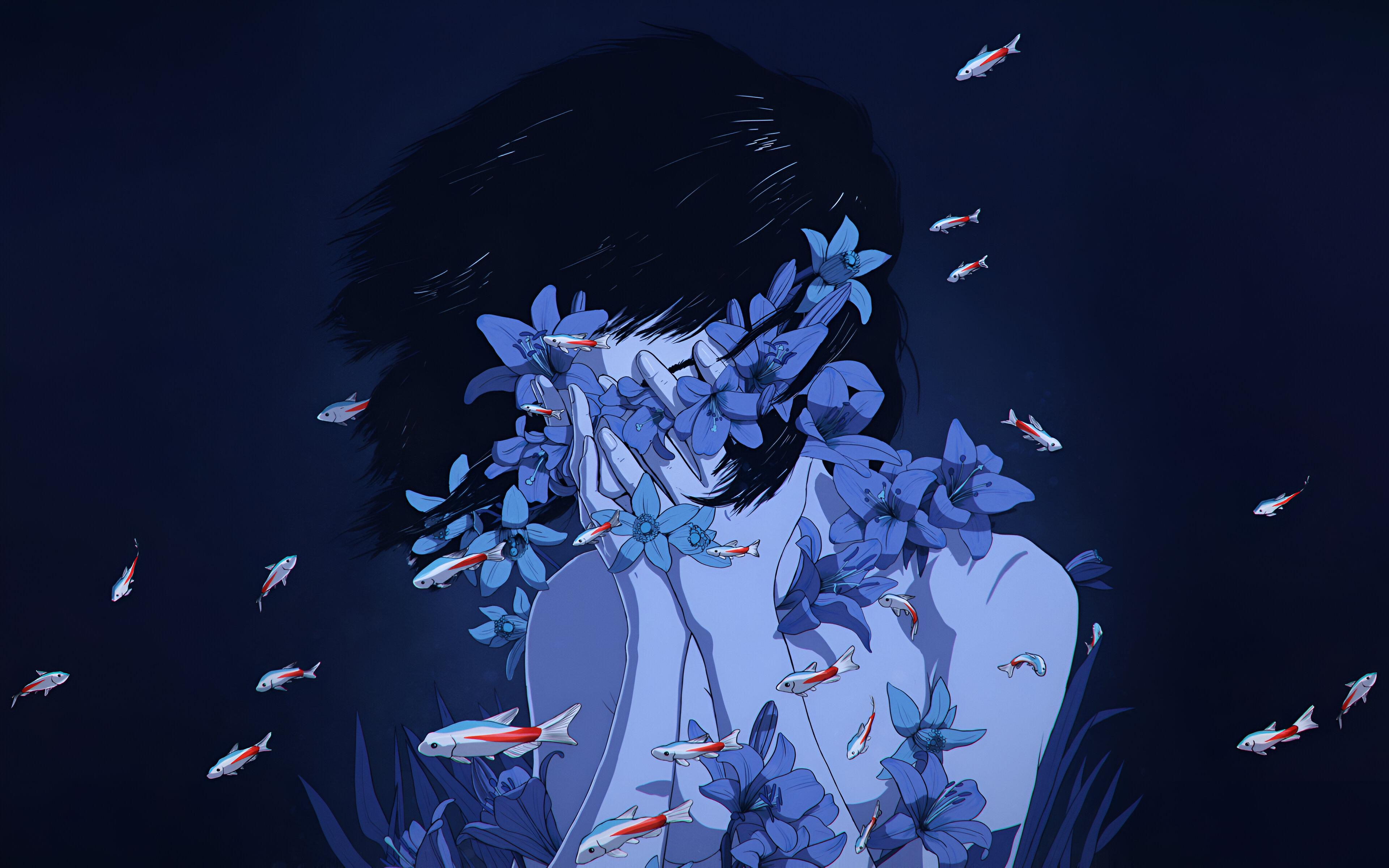 General 3840x2400 blue 4K koi fish fish anime anime girls flowers dark hair Perfect Blue hand on face Louis Picard artwork black hair dark background