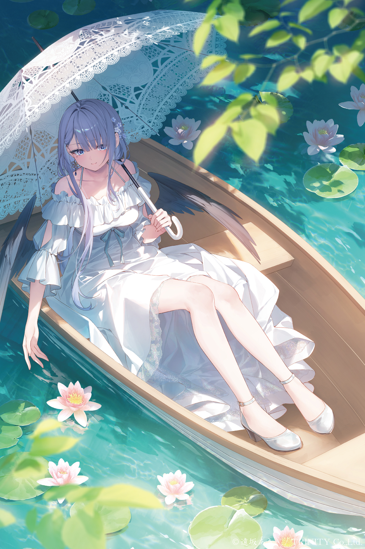 Anime 1216x1829 Toosaka Asagi white dress Leila (Toosaka Asagi) dress looking at viewer smiling wings women outdoors umbrella water lilies high angle long hair flower in hair water boat mole under eye white heels high heels lotus (plant) gray hair blue eyes black wings