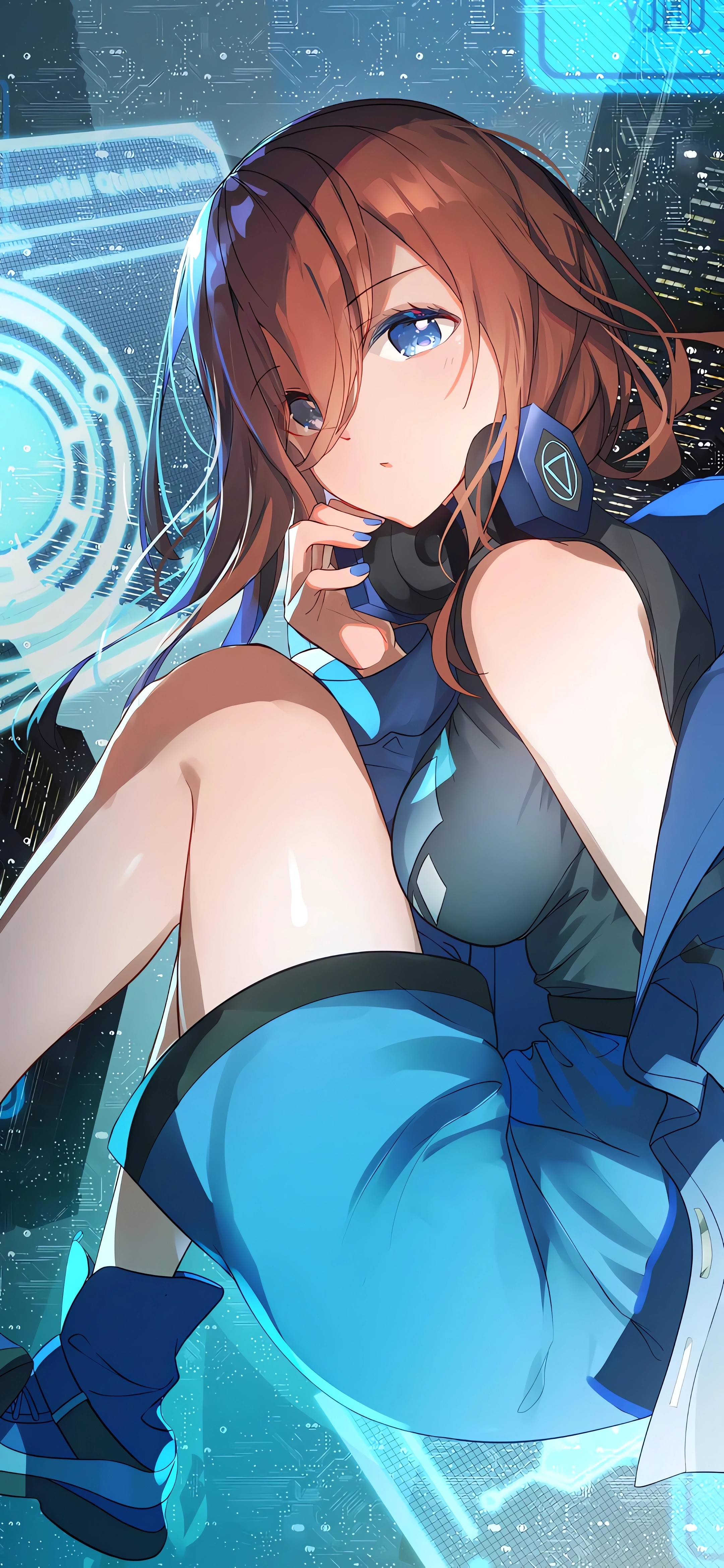 Anime 2160x4678 anime anime girls bison cangshu long hair 5-toubun no Hanayome Nakano Miku blue eyes brunette portrait display headphones open mouth blue nails painted nails bent legs bare shoulders hair between eyes legs black shirt blue skirt blue jacket off shoulder sleeveless