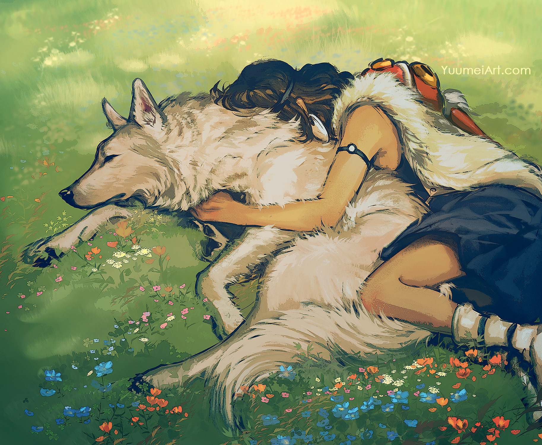 Anime 1827x1500 Princess Mononoke wolf anime girls closed eyes sleeping Studio Ghibli lying on side animals fantasy girl sleeveless hugging lying down grass mask cape Yuumei women outdoors