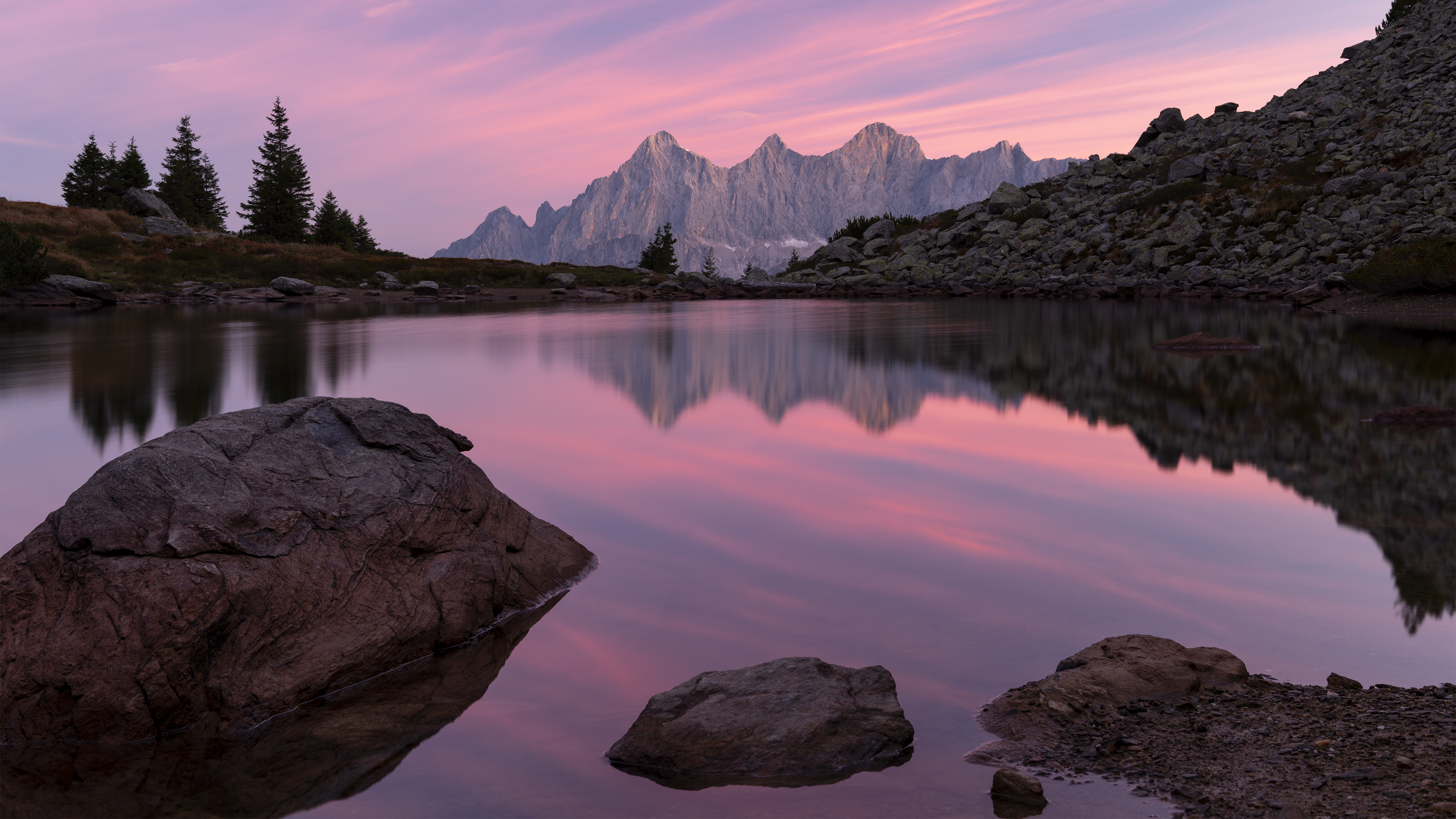 General 5000x2813 nature landscape sky clouds mountains rocks trees water Austria sunrise pink clouds Philipp Fuchsluger