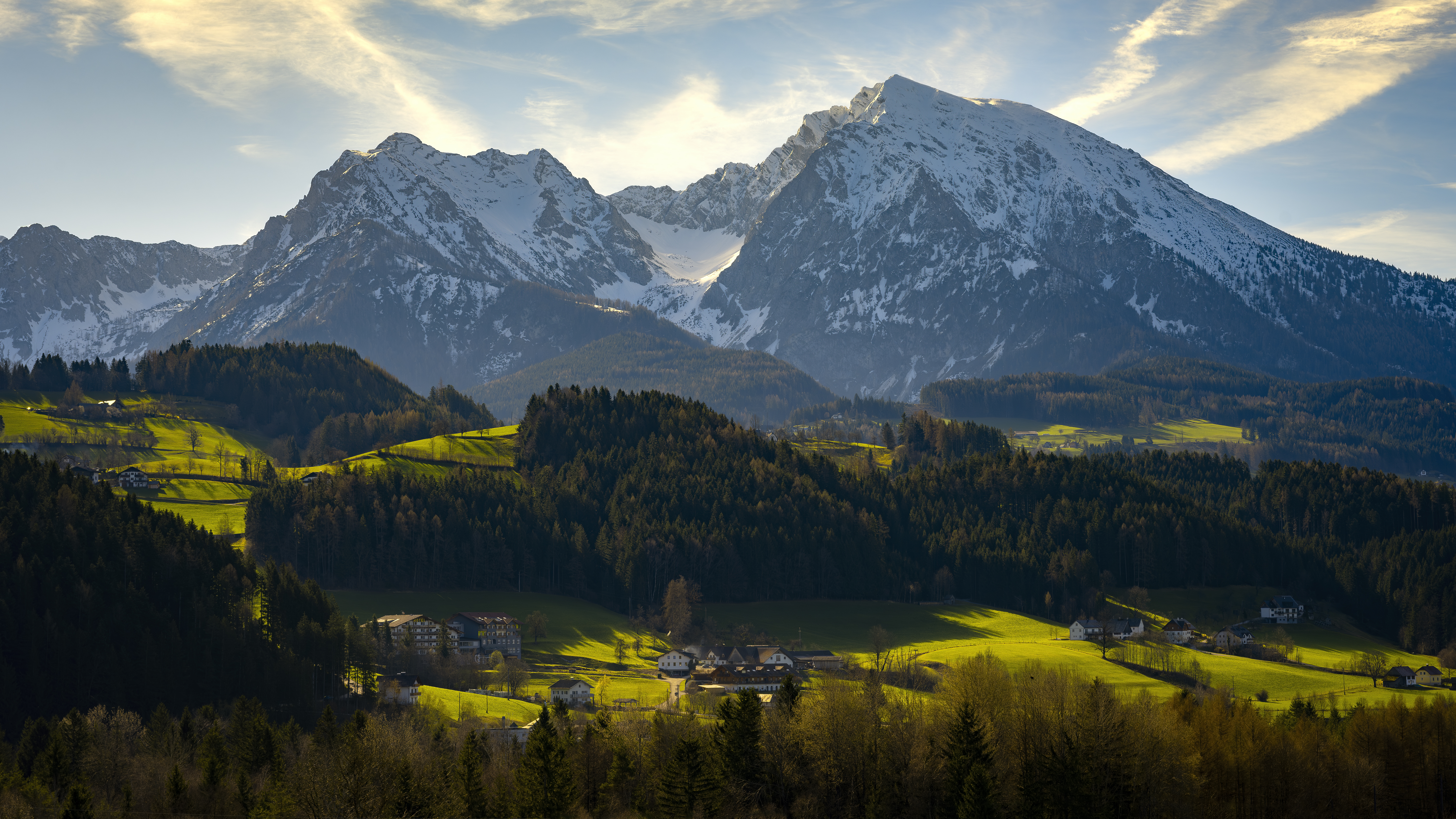 General 6000x3375 nature landscape trees forest sky clouds sunlight house building mountains snow grass hills village Austria Philipp Fuchsluger