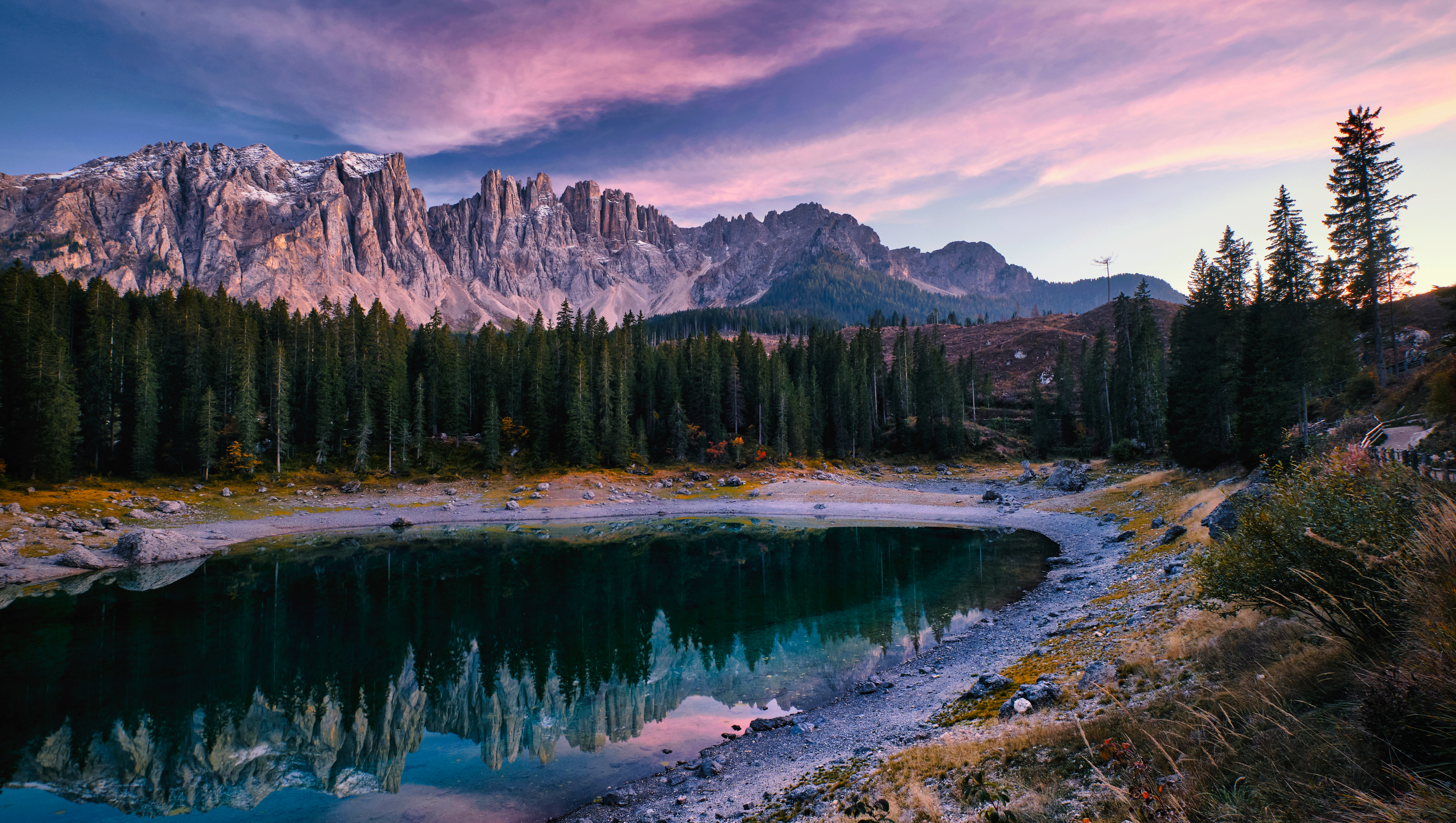 General 4000x2260 nature landscape sky clouds mountains rocks snow trees forest pine trees water lake grass plants reflection Karersee Dolomites Italy Anton Kimpfbeck