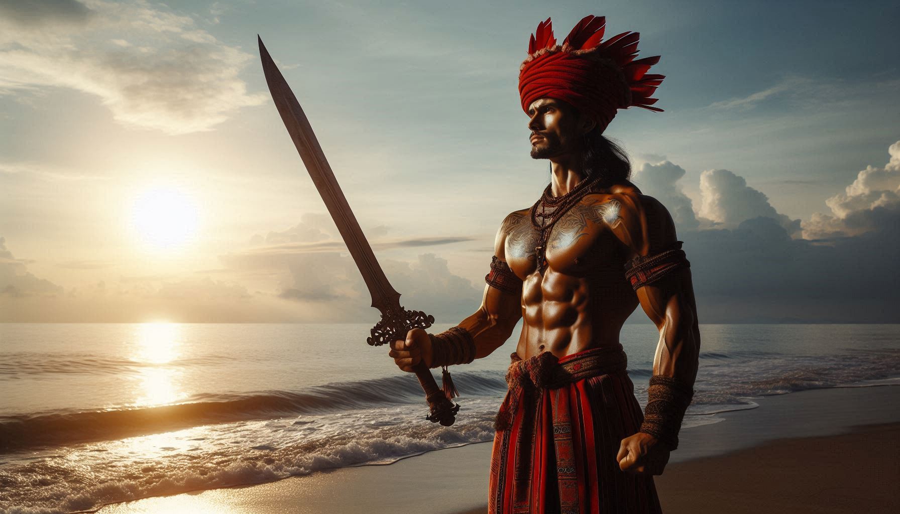 General 1792x1024 AI art lapu-lapu Lapu Lapu Battle of Mactan Cebu Cebuano Mactan Island sea ocean battle Bisaya Visayan Visayas Native Filipino Indigenous shield wooden shields spear tribal  Philippine Tribes seashore Spanish Colony bahag loincloth Çilapulapu Datu 1521 Battle of Mactan Visayan Animist Sugbuanon Native Pintados heathens Opong First Filipino Hero Lapulapu Son of Datu Mangal