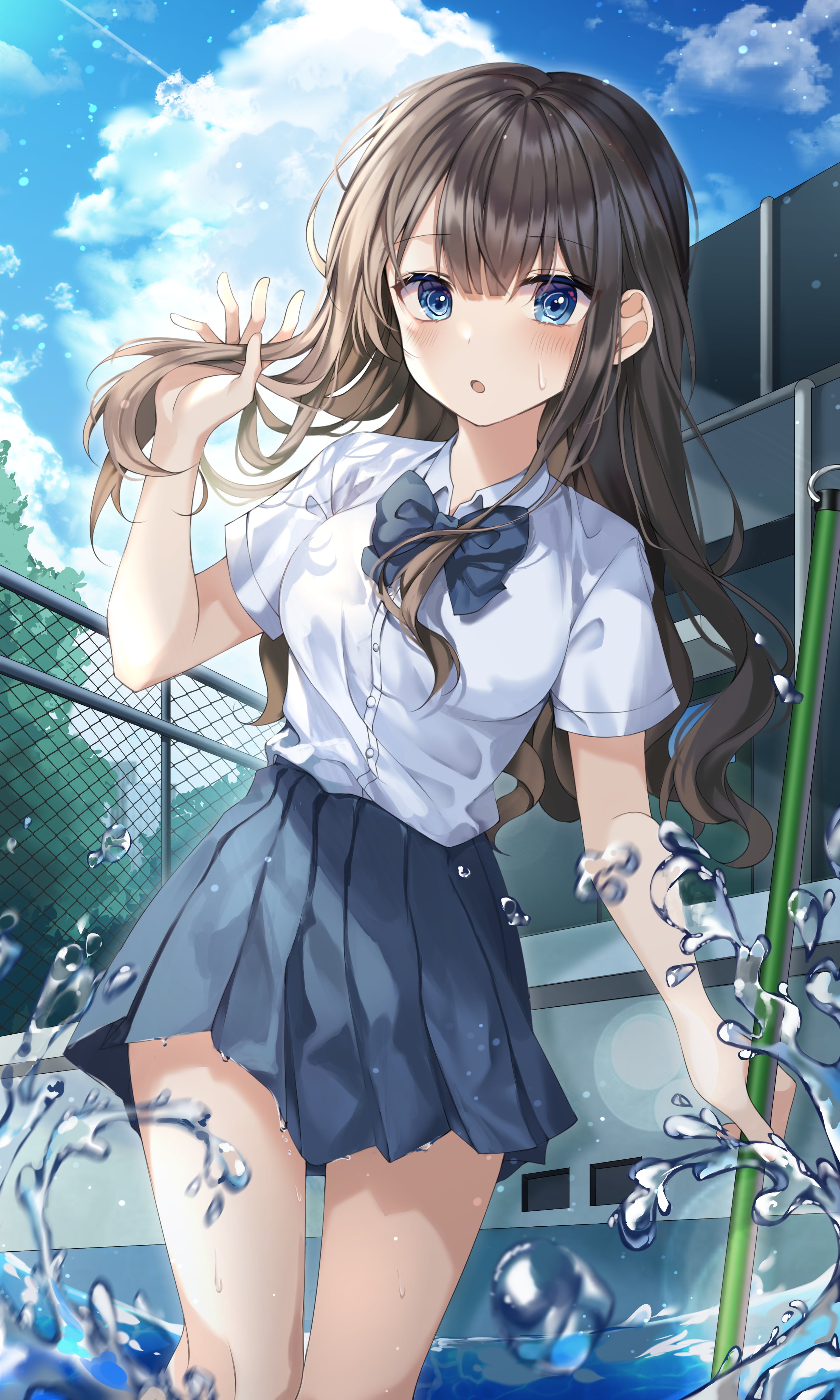Anime 2458x4096 anime anime girls school uniform blue eyes dark hair long hair swimming pool
