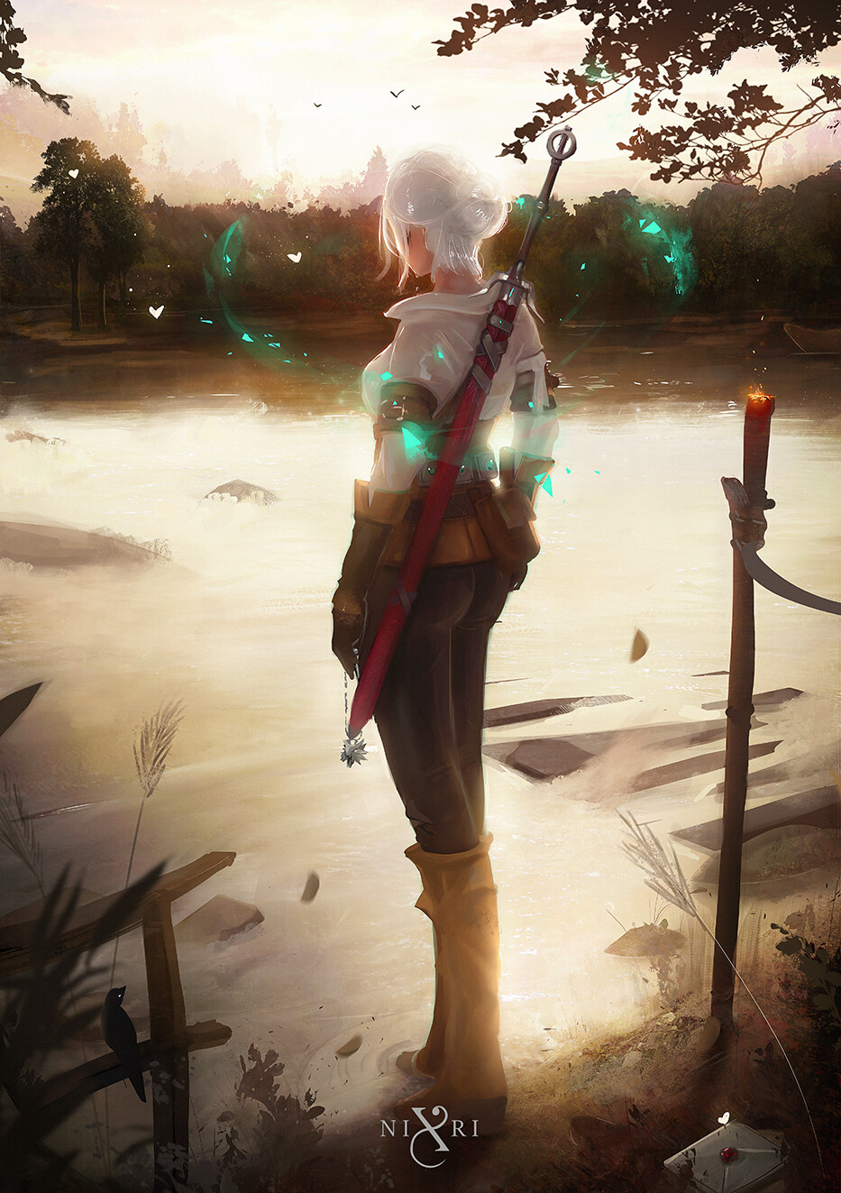General 933x1323 The Witcher The Witcher 3: Wild Hunt The Witcher 3: Wild Hunt - Blood and Wine Cirilla Fiona Elen Riannon Nixri video game girls video game characters women white hair sword back river artwork fan art illustration digital art