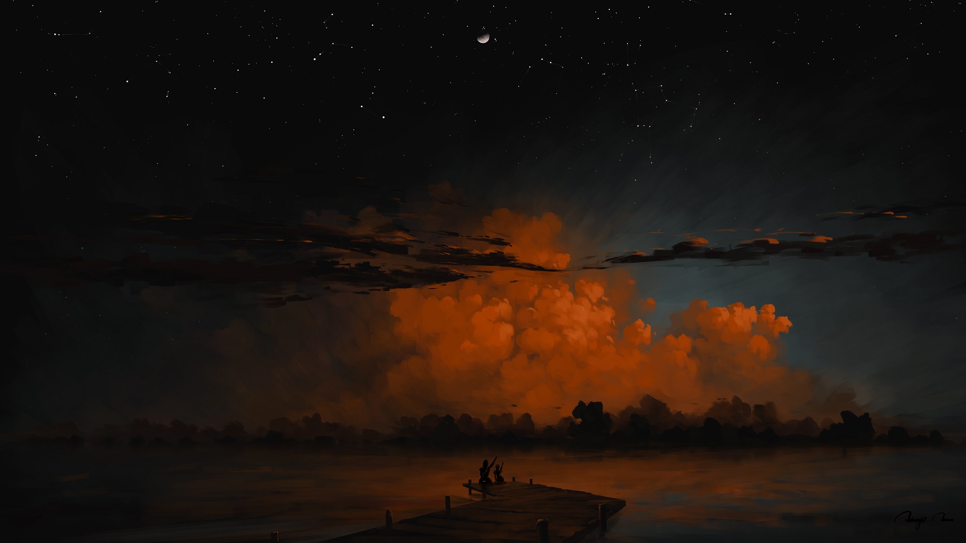 General 1920x1080 digital painting landscape couple sky clouds nightscape lake Moon BisBiswas