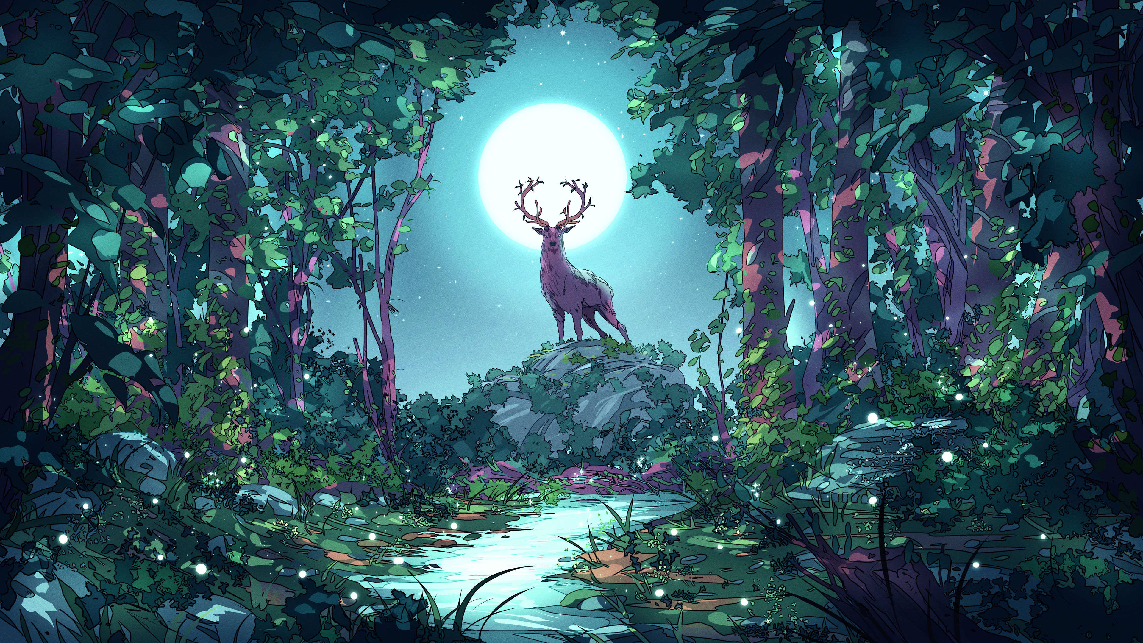 General 3840x2160 Christian Benavides digital art fantasy art deer Moon night forest stream