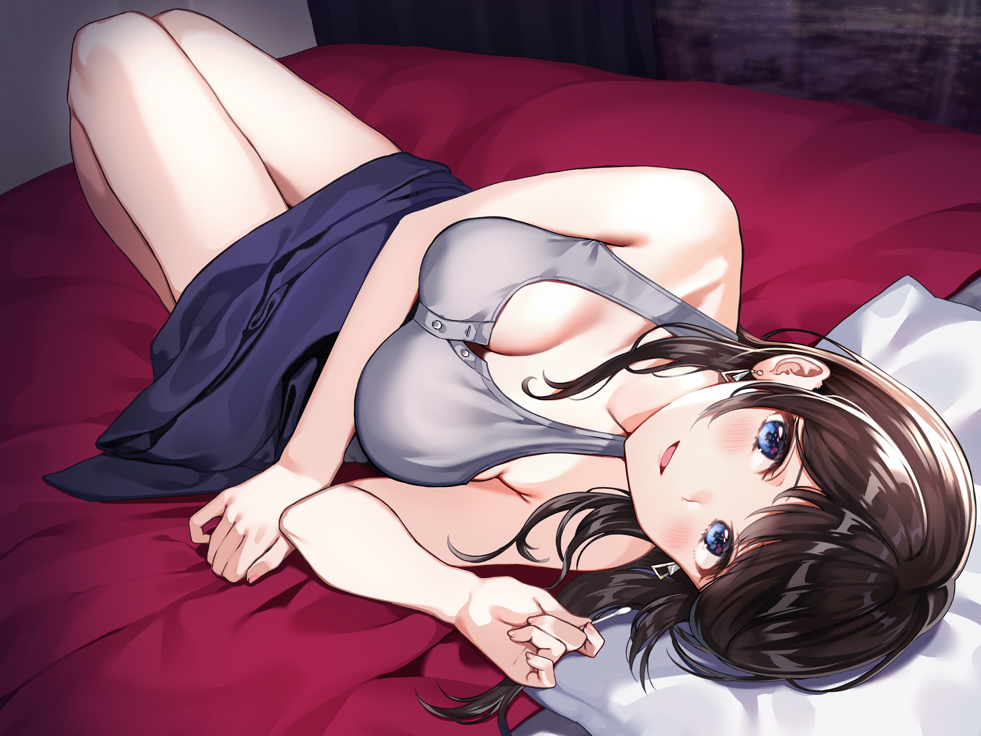 Anime 3200x2400 Nishizawa anime anime girls cleavage skirt lying on back dark hair blue eyes blushing legs in bed