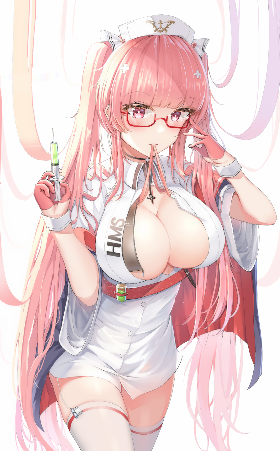 Anime 893x1436 anime anime girls Futasan Azur Lane Perseus (Azur Lane) boobs cleavage big boobs long hair pink hair pink eyes glasses nurses nurse outfit