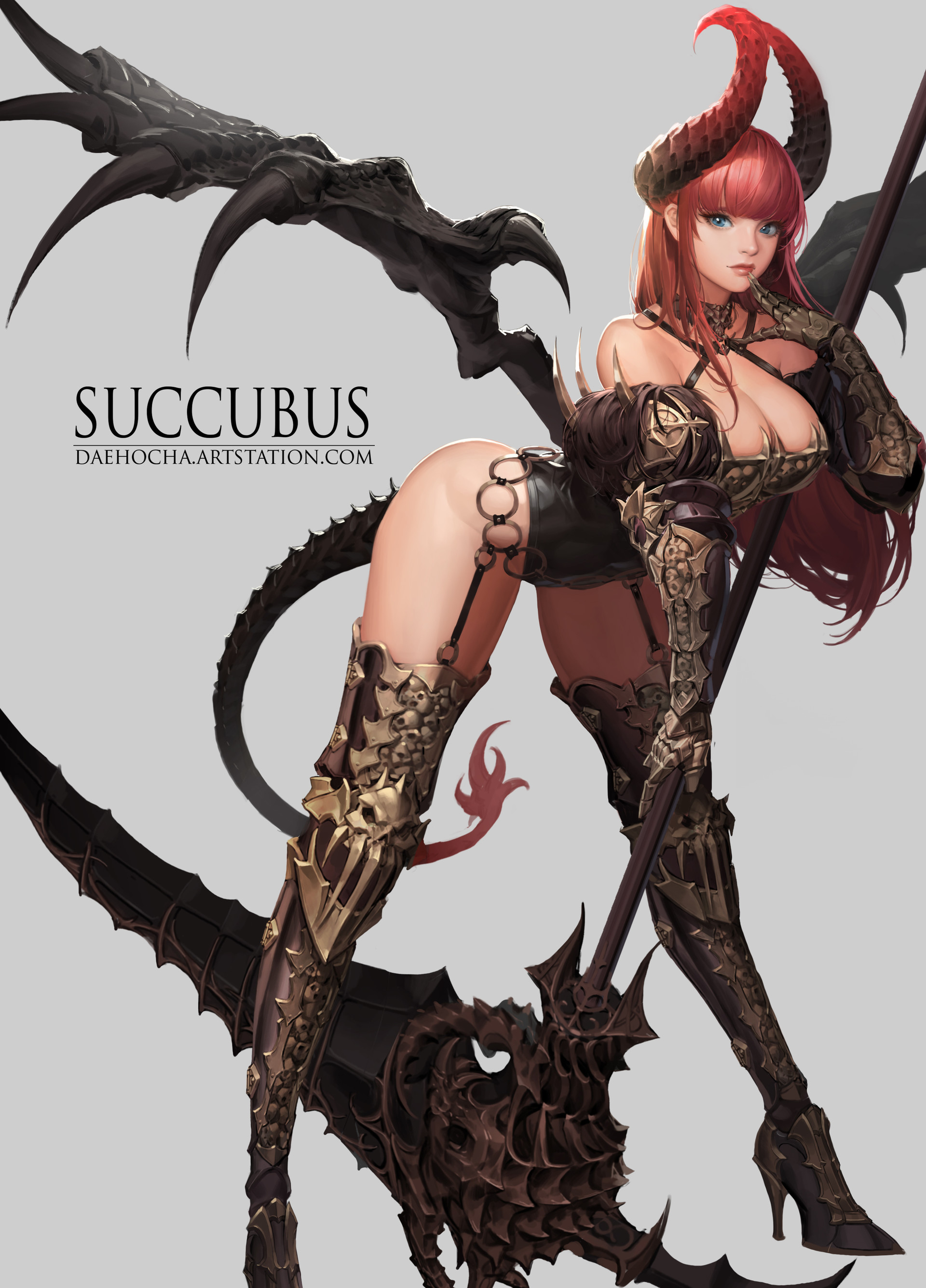 General 1920x2672 Daeho Cha drawing women succubus horns redhead blue eyes finger on lips skimpy clothes high heels straps wings weapon scythe simple background