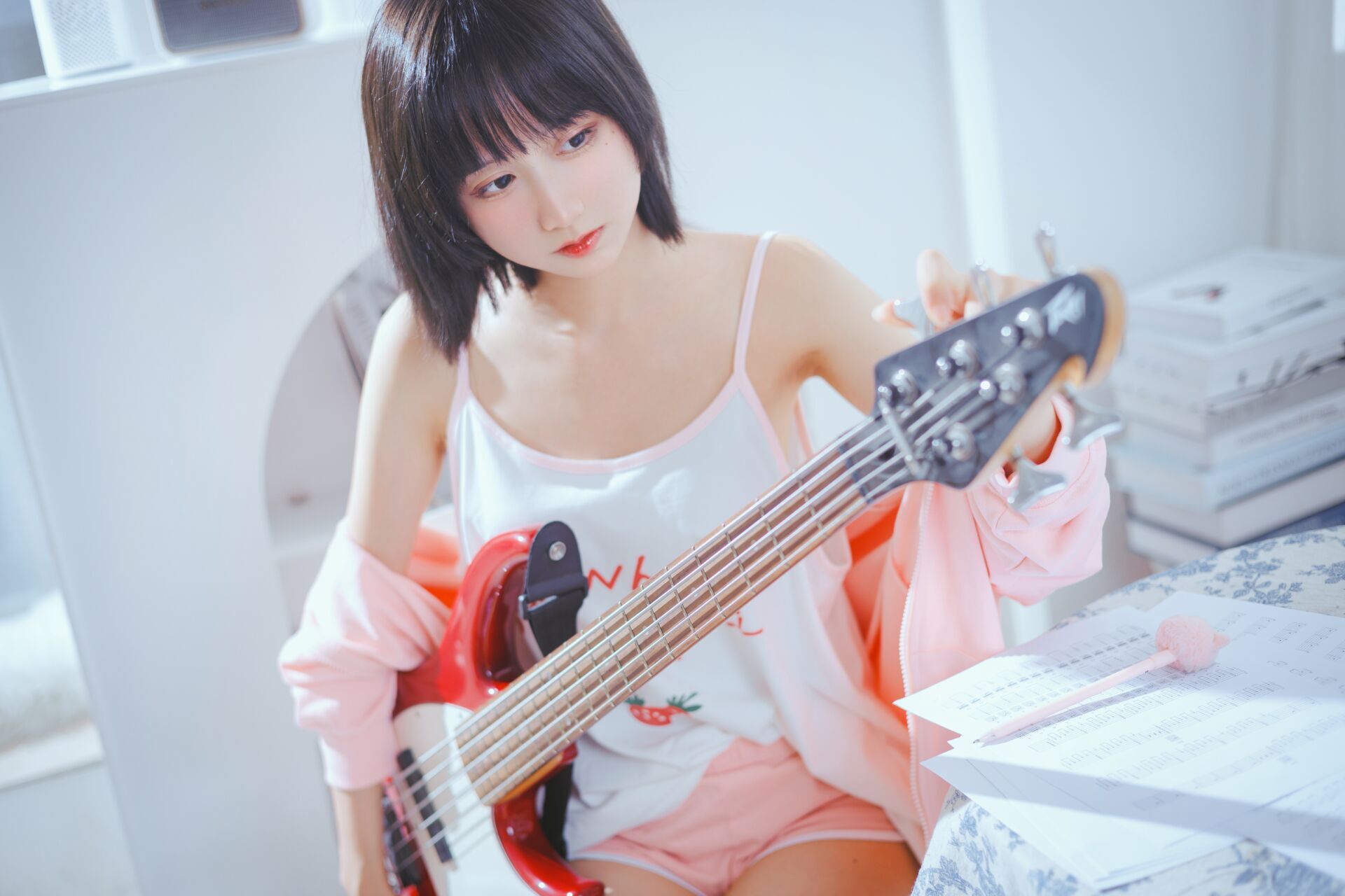 People 1920x1280 bass guitars Asian guitar musical instrument brunette red lipstick sitting women indoors indoors women
