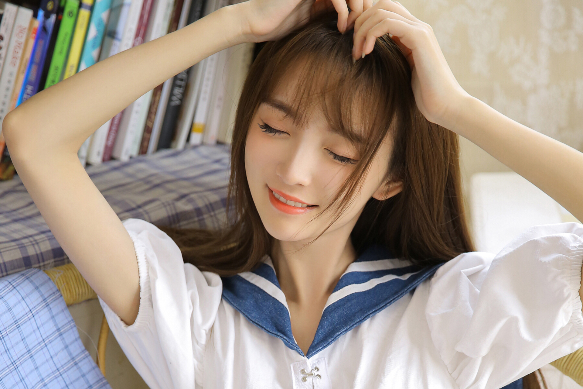 People 1920x1280 Chinese smiling Asian women books indoors women indoors closed eyes long hair brunette arms up short sleeves parted lips teeth hair in face hand(s) in hair skinny