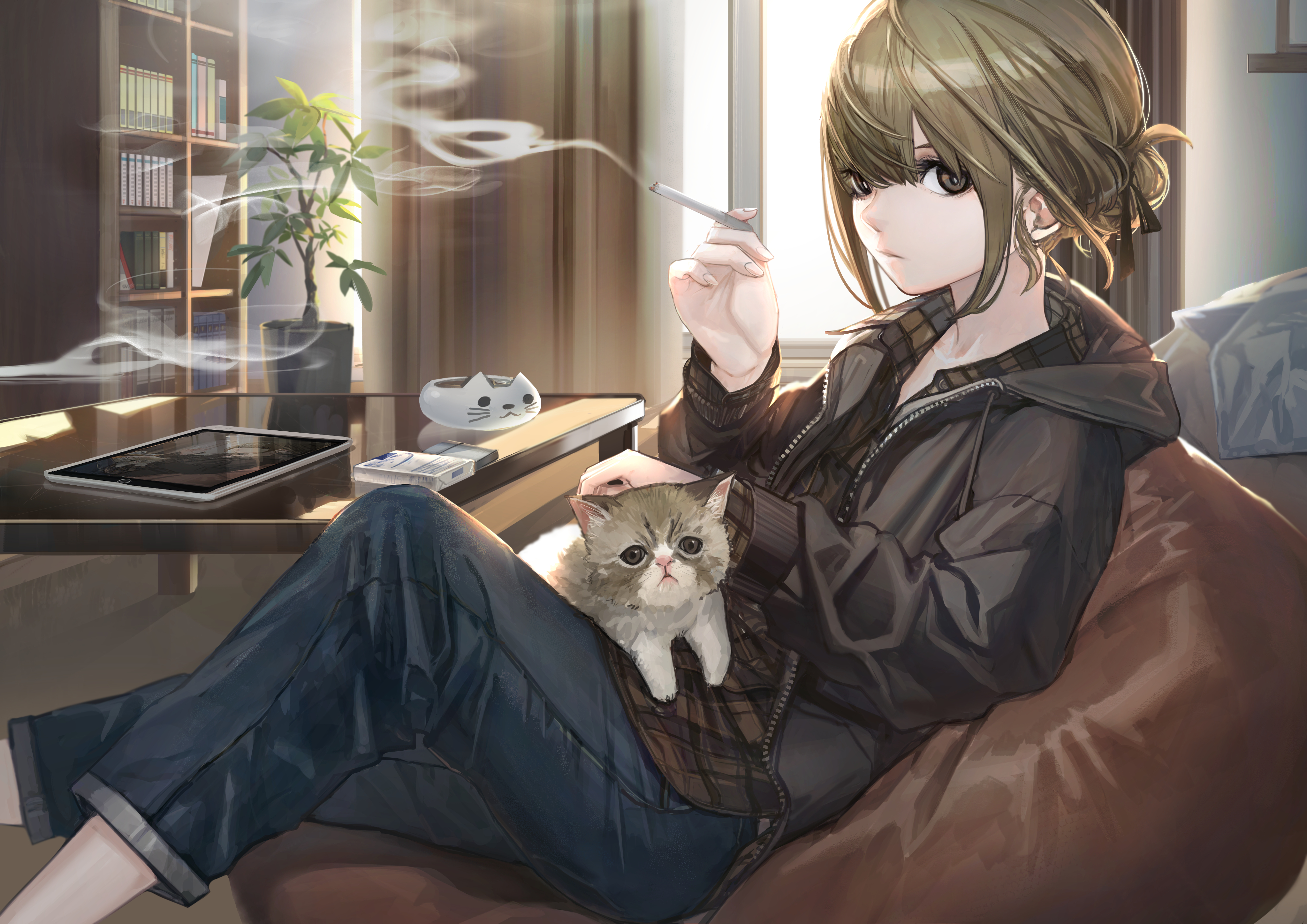 Anime 4093x2894 anime anime girls smoking cats sitting books brown eyes jeans blonde tablet  long nails plant pot Hashimoto Kokai