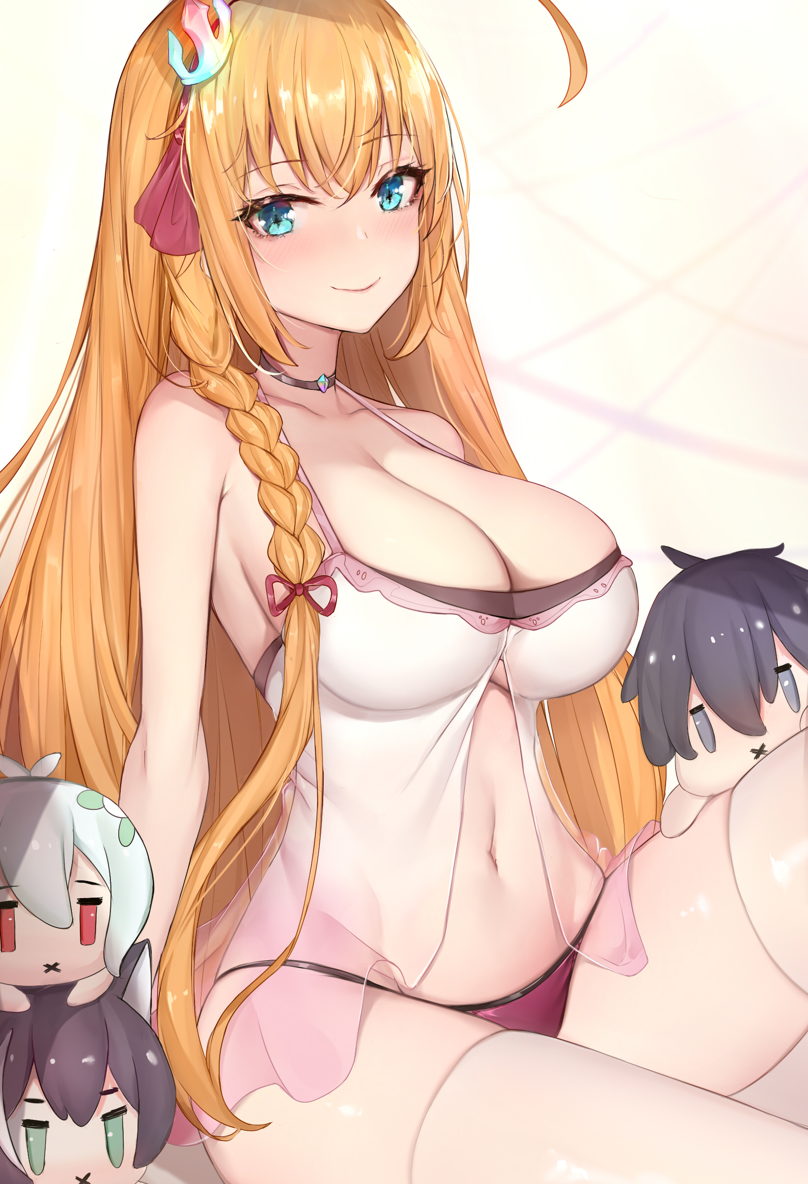 Anime 1640x2402 anime anime girls digital art artwork 2D portrait display boobs big boobs huge breasts aqua eyes long hair blonde belly panties smiling simple background looking at viewer lingerie thigh-highs sherryQQ Princess Connect Re:Dive Pecorine (Princess Connect!) redhead braids hair between eyes cleavage closed mouth