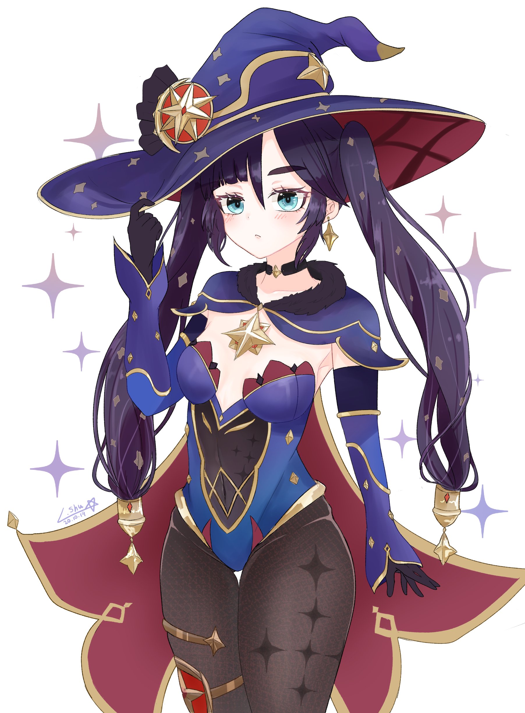 Anime 1804x2451 Genshin Impact video games anime anime girls video game art video game characters magician witch witch hat pantyhose bodysuit Mona (Genshin Impact) blue hair dark hair low neckline long hair hat
