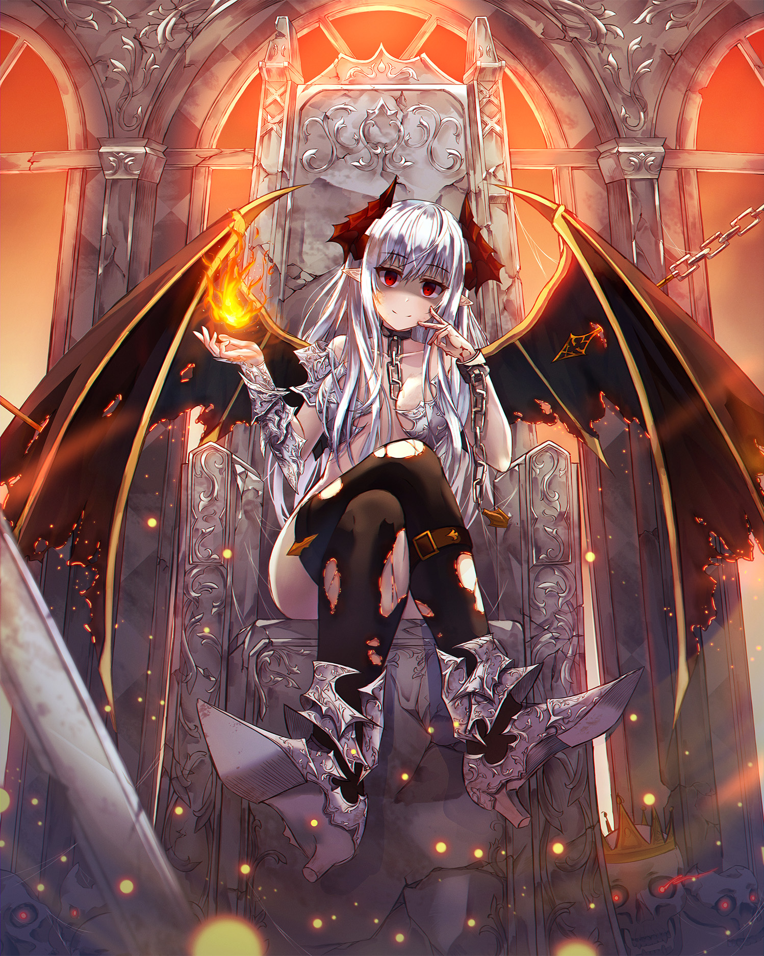 Anime 1498x1875 artwork demon girls anime girls Lkeris silver hair red eyes horns pointy ears wings armor thigh-highs torn clothes no bra fire magic