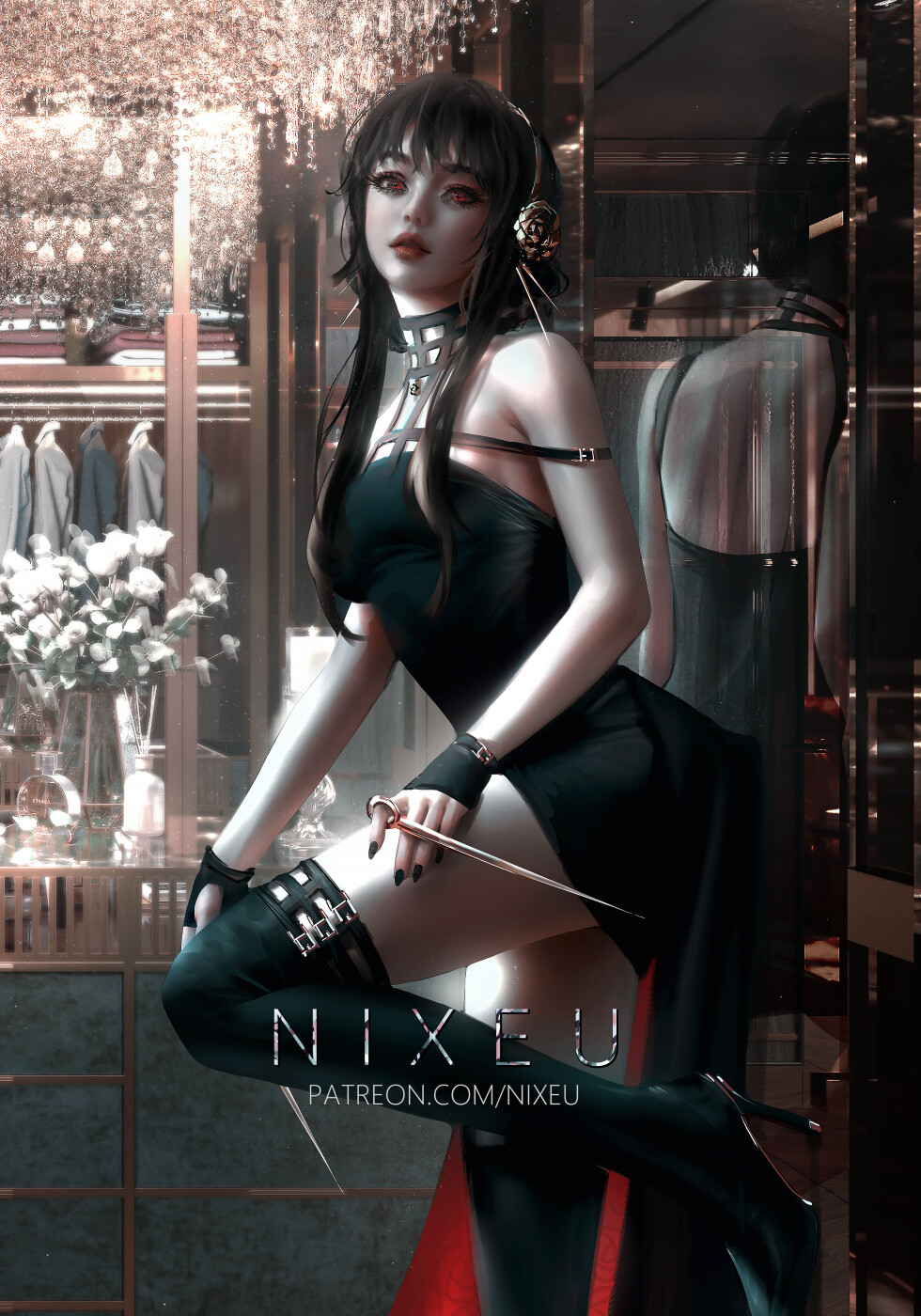 General 980x1400 Nixeu drawing women bangs dress black clothing reflection wardrobe