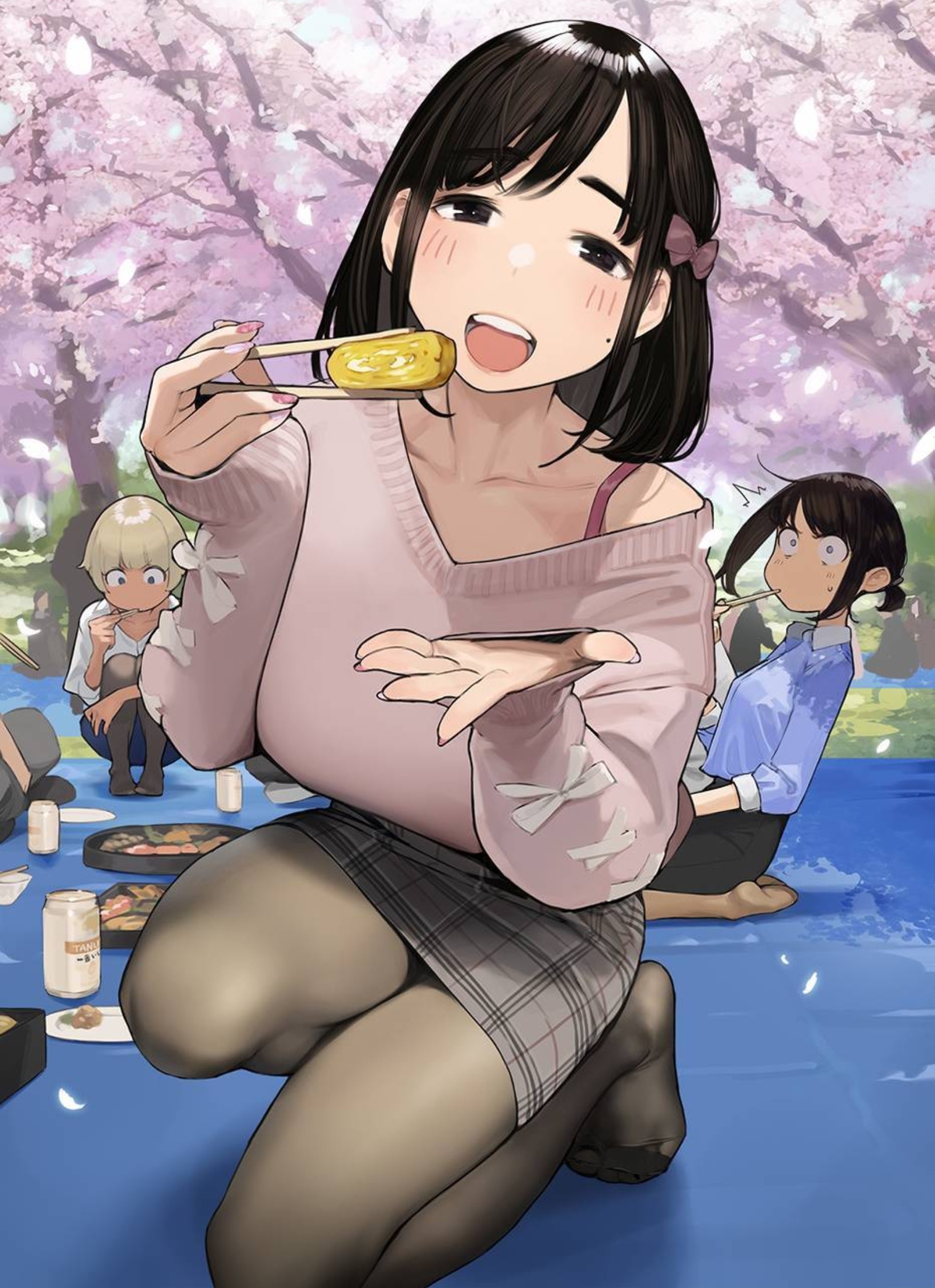 Anime 1600x2204 anime girls big boobs food picnic cherry trees cherry blossom Ganbare, Douki-chan yomu