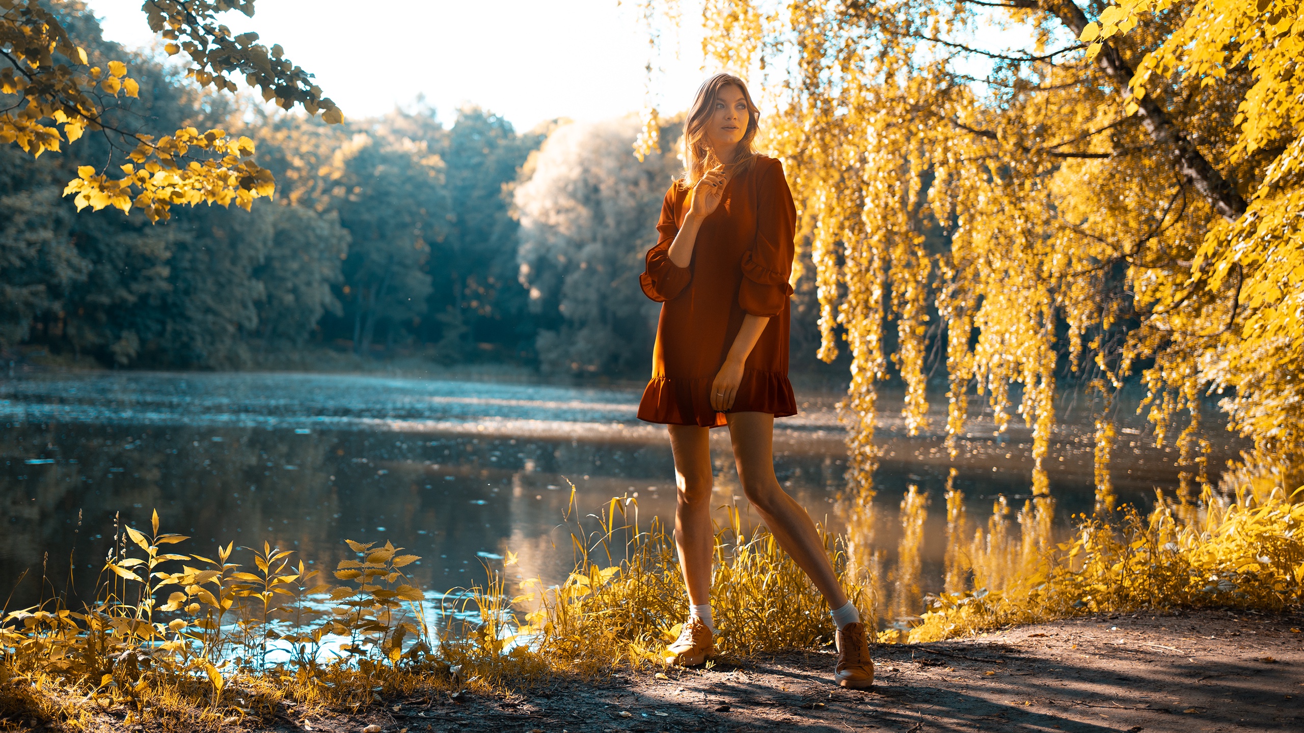 People 2560x1440 women model Vladimir Stefanovich women outdoors trees fall water red clothing looking away standing legs
