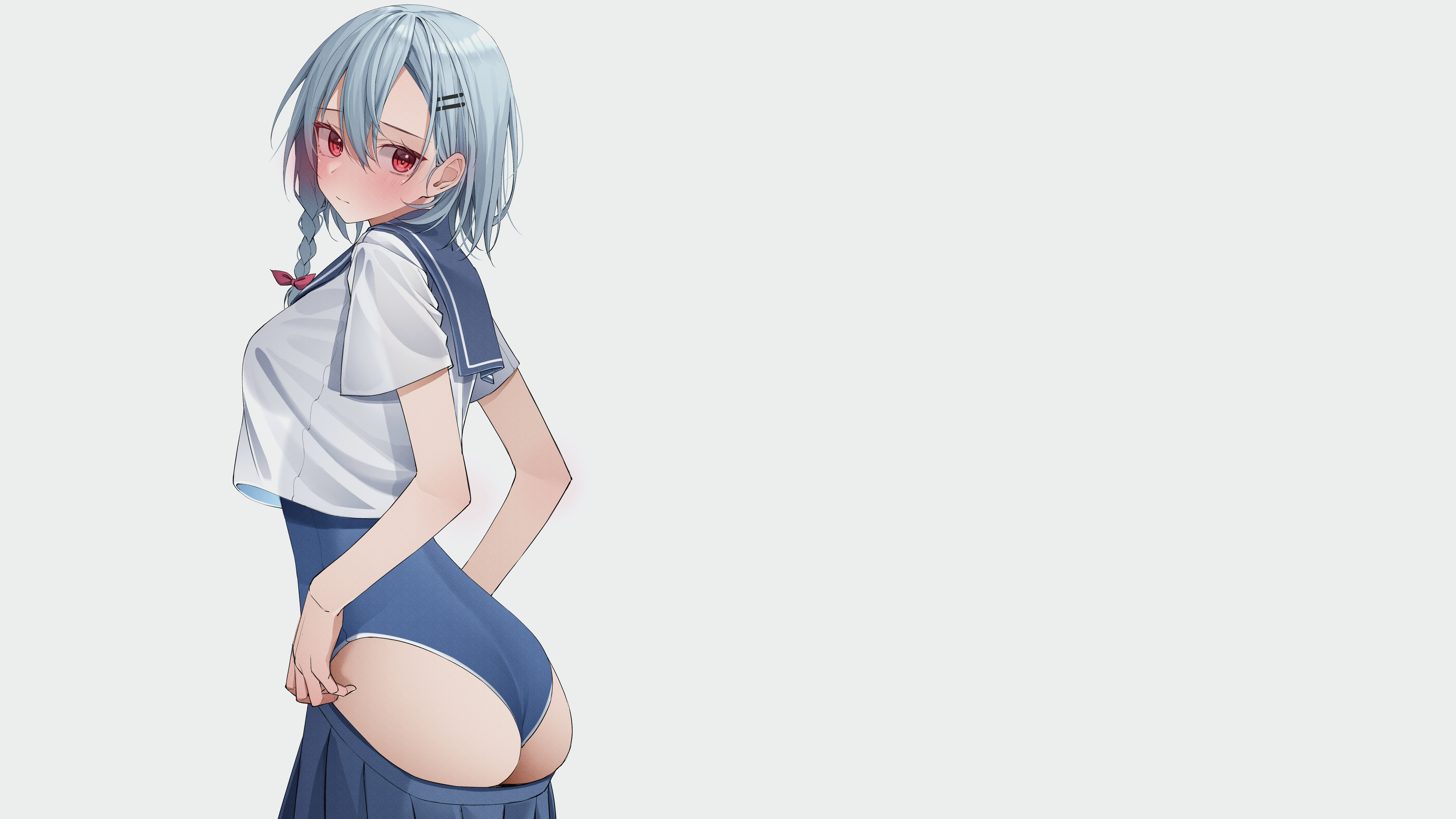 Anime 7111x4000 swimwear school swimsuits school uniform braids skirt undressing changing clothes white background simple background embarrassed red eyes hairpins ass blue hair anime girls gluteal fold