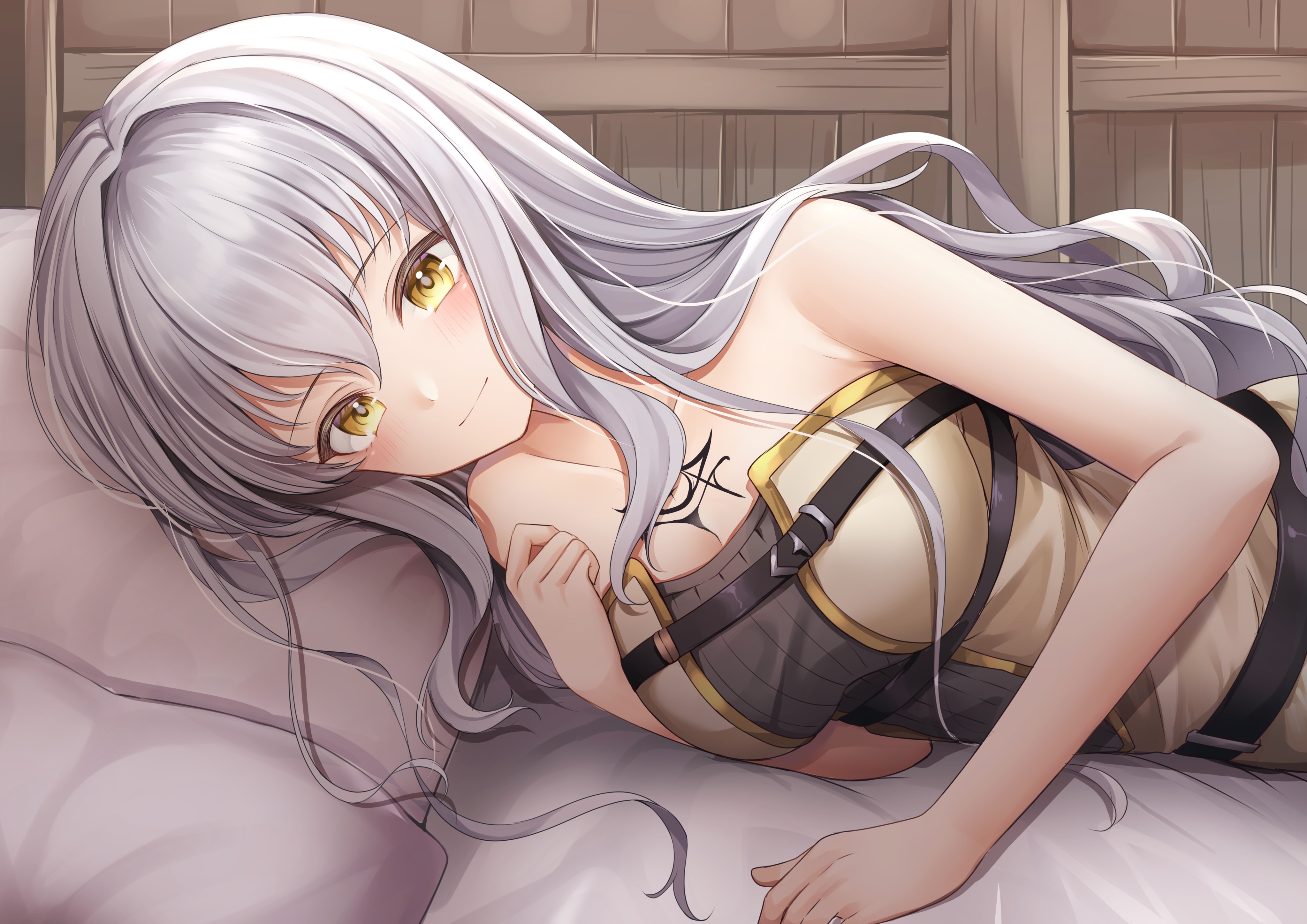 Anime 4093x2894 anime anime girls in bed yellow eyes silver hair