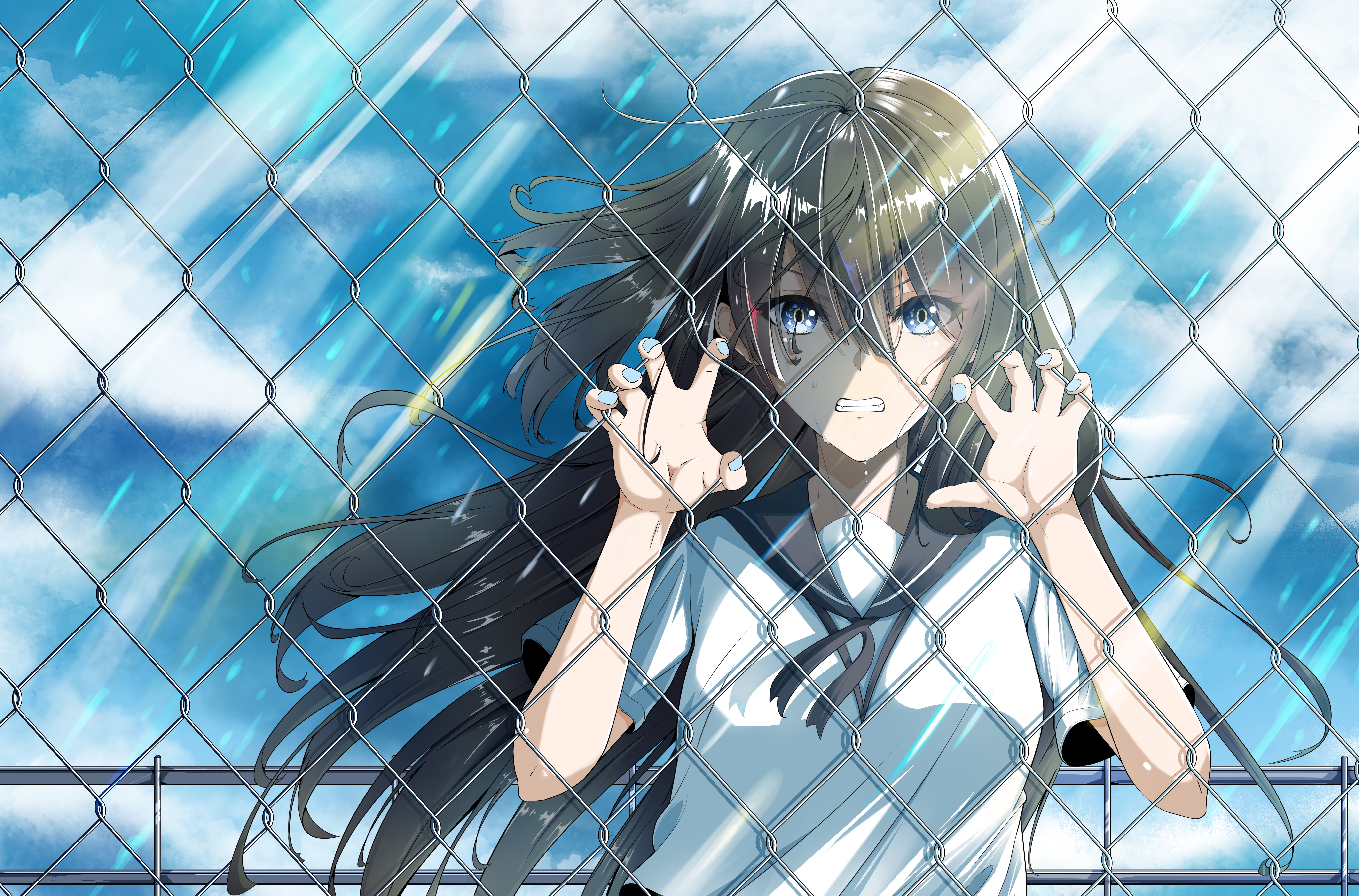 Anime 8327x5492 anime anime girls fence clenched teeth long hair black hair blue eyes tears school uniform