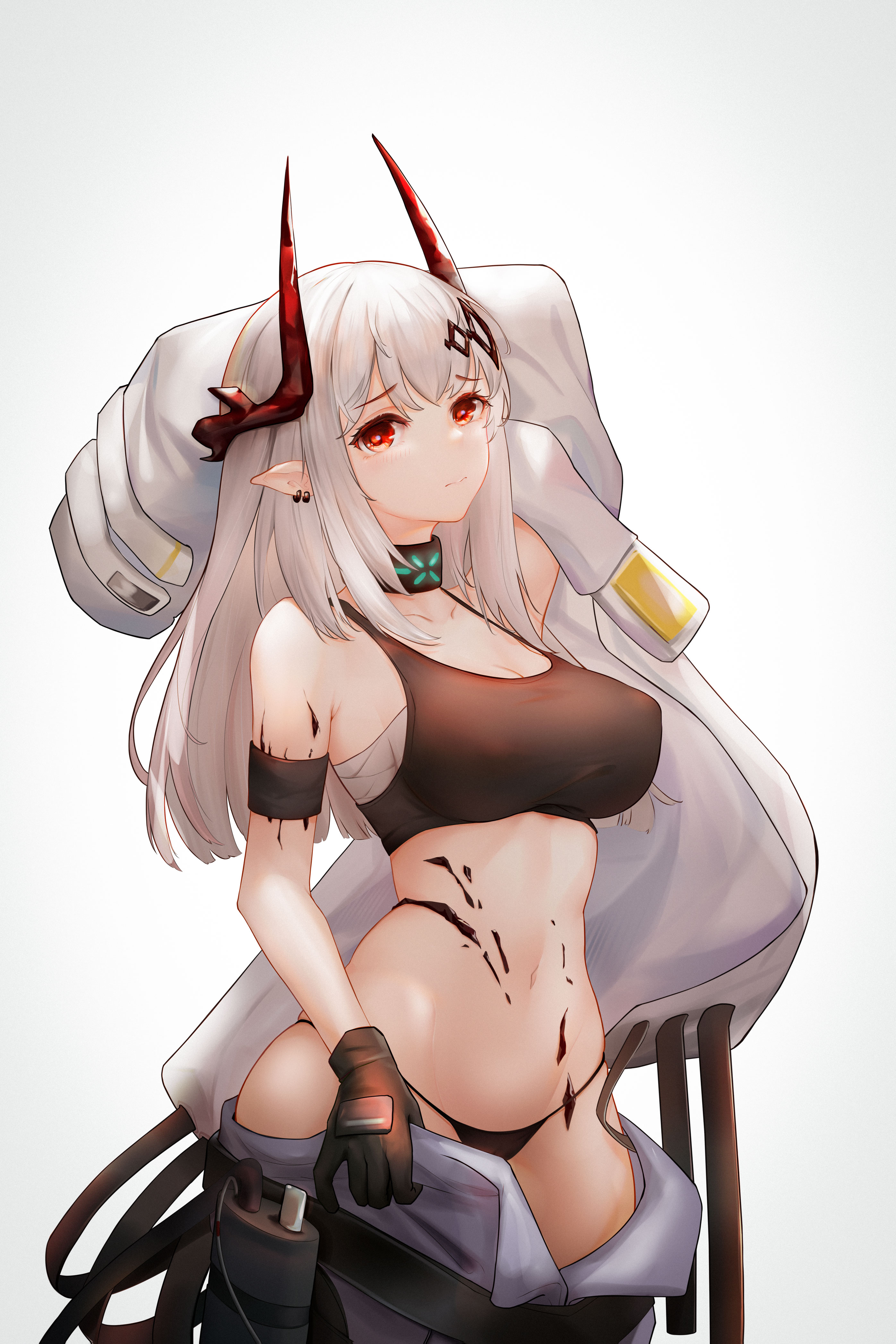 Anime 2792x4188 anime anime girls Arknights Mudrock (Arknights) Liu Liaoliao horns pointy ears silver hair red eyes open clothes underwear panties sports bra sarashi big boobs