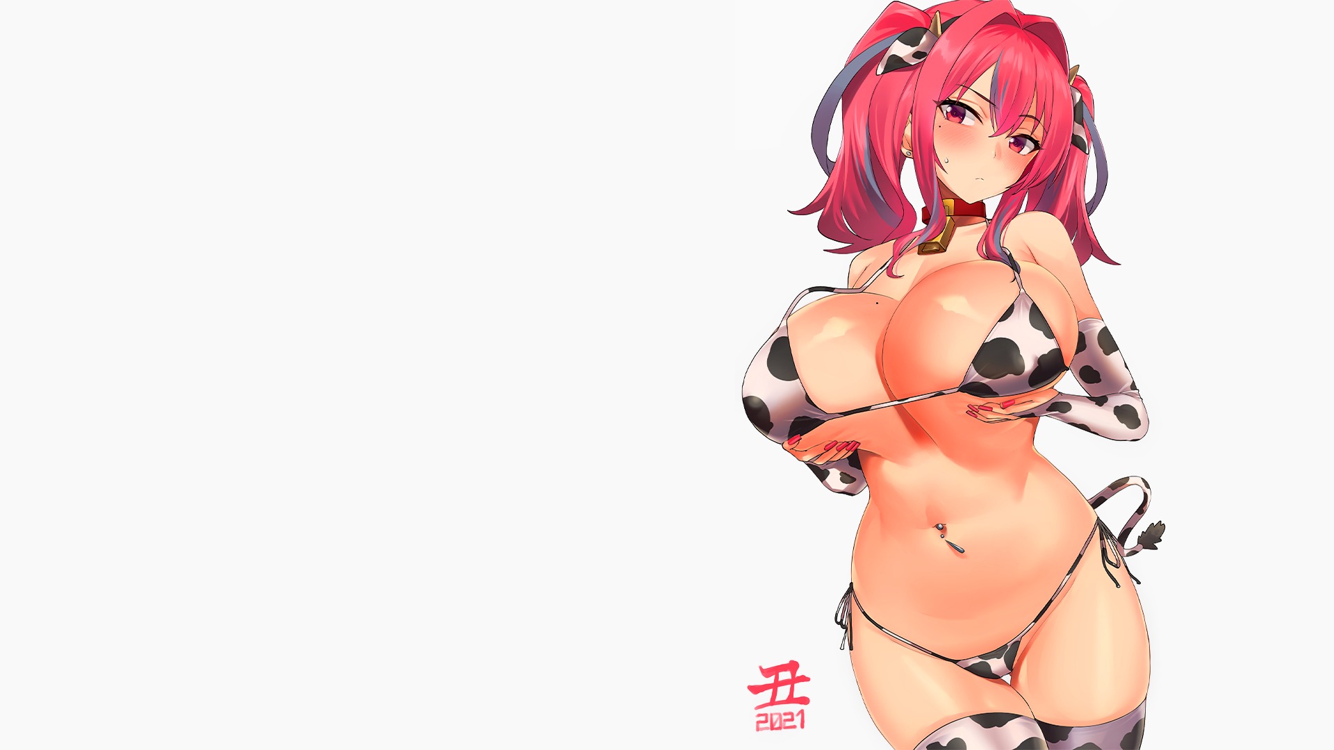 Anime 1920x1080 anime anime girls Azur Lane Bremerton (Azur Lane) cowkinis big boobs holding boobs bikini redhead red eyes Hotate-chan cow girl