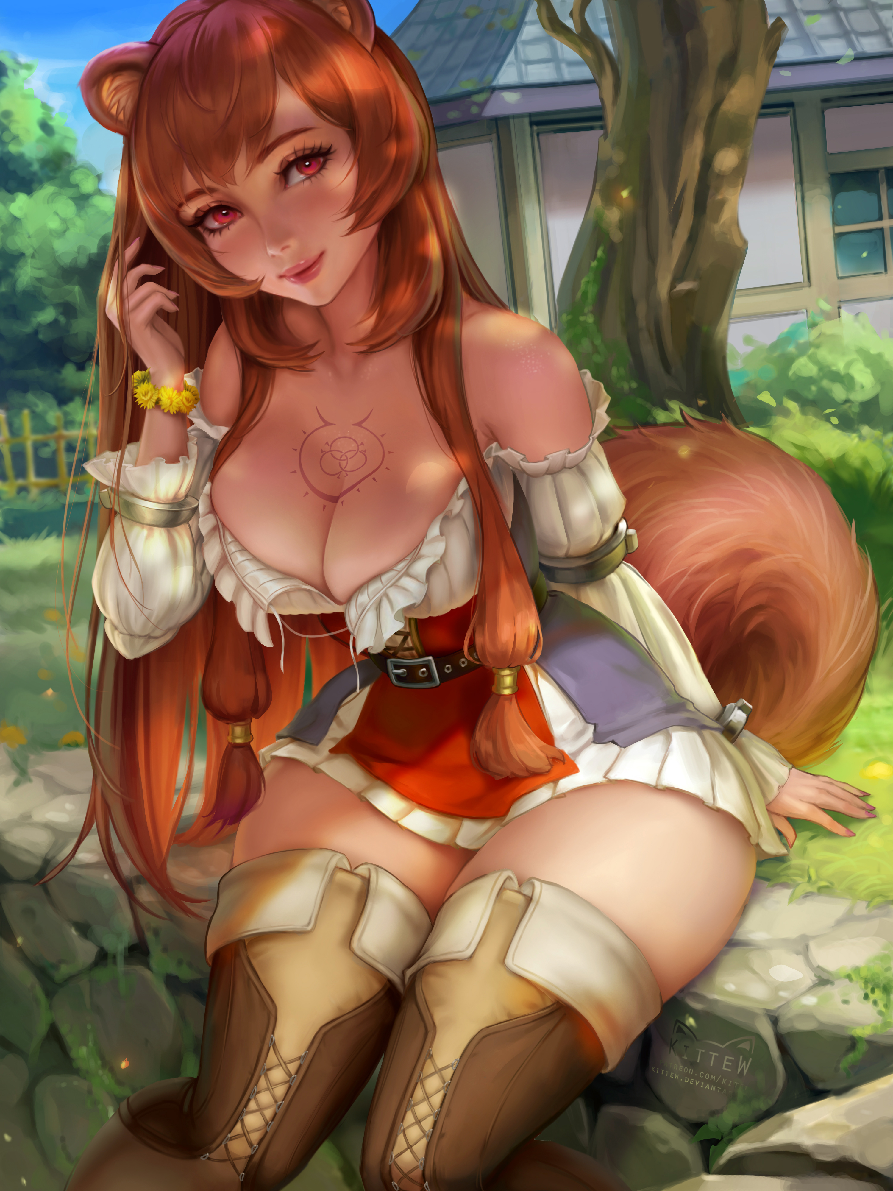 Anime 3000x4000 Raphtalia Tate no Yuusha no Nariagari anime anime girls fantasy girl animal ears long hair looking at viewer smiling tail tattoo bare shoulders cleavage dress wide hips thick thigh curvy thigh high boots sitting portrait display artwork drawing digital art illustration fan art Kittew