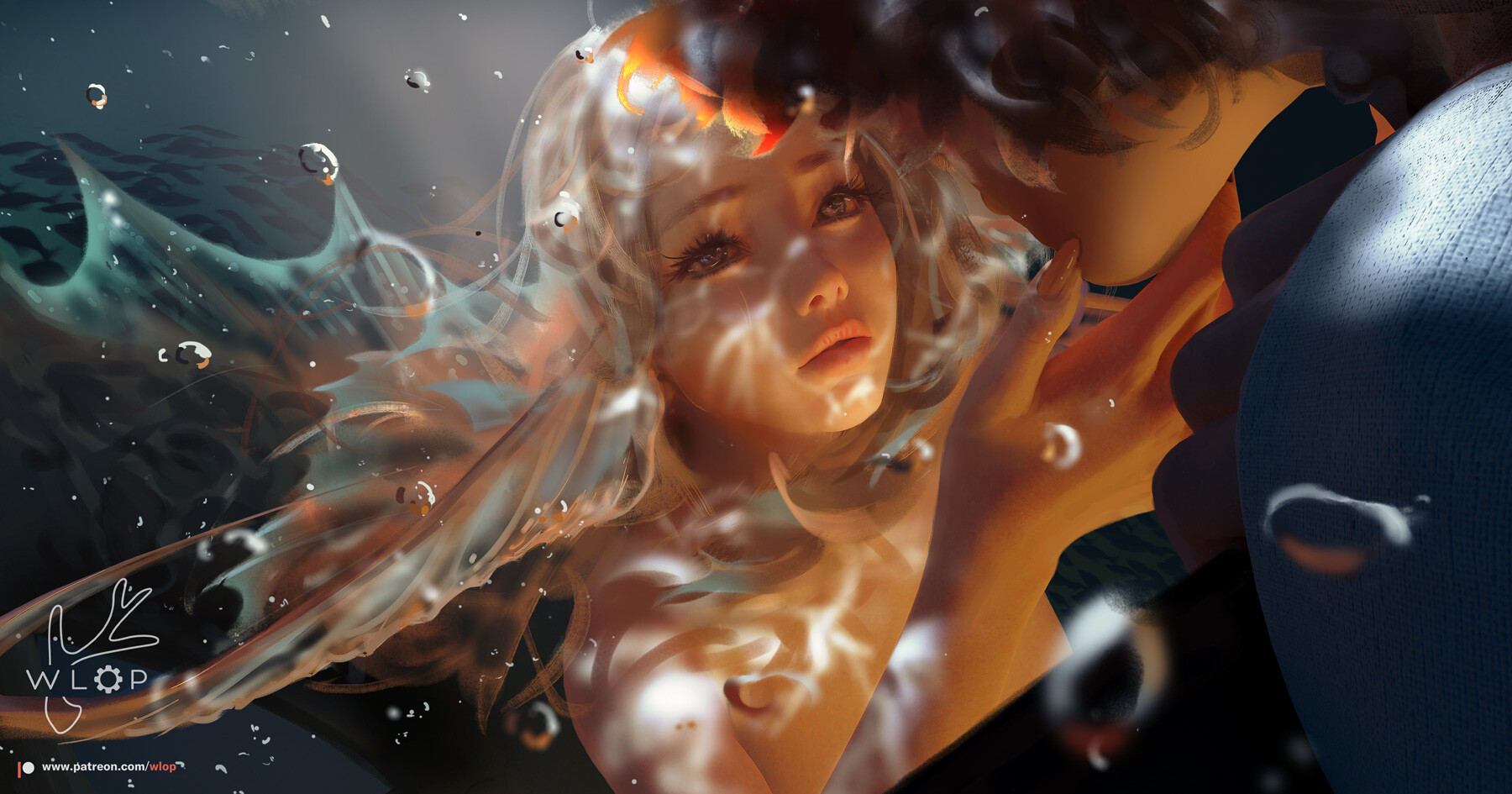 General 1800x945 WLOP digital art women two women fantasy girl fantasy art mermaids